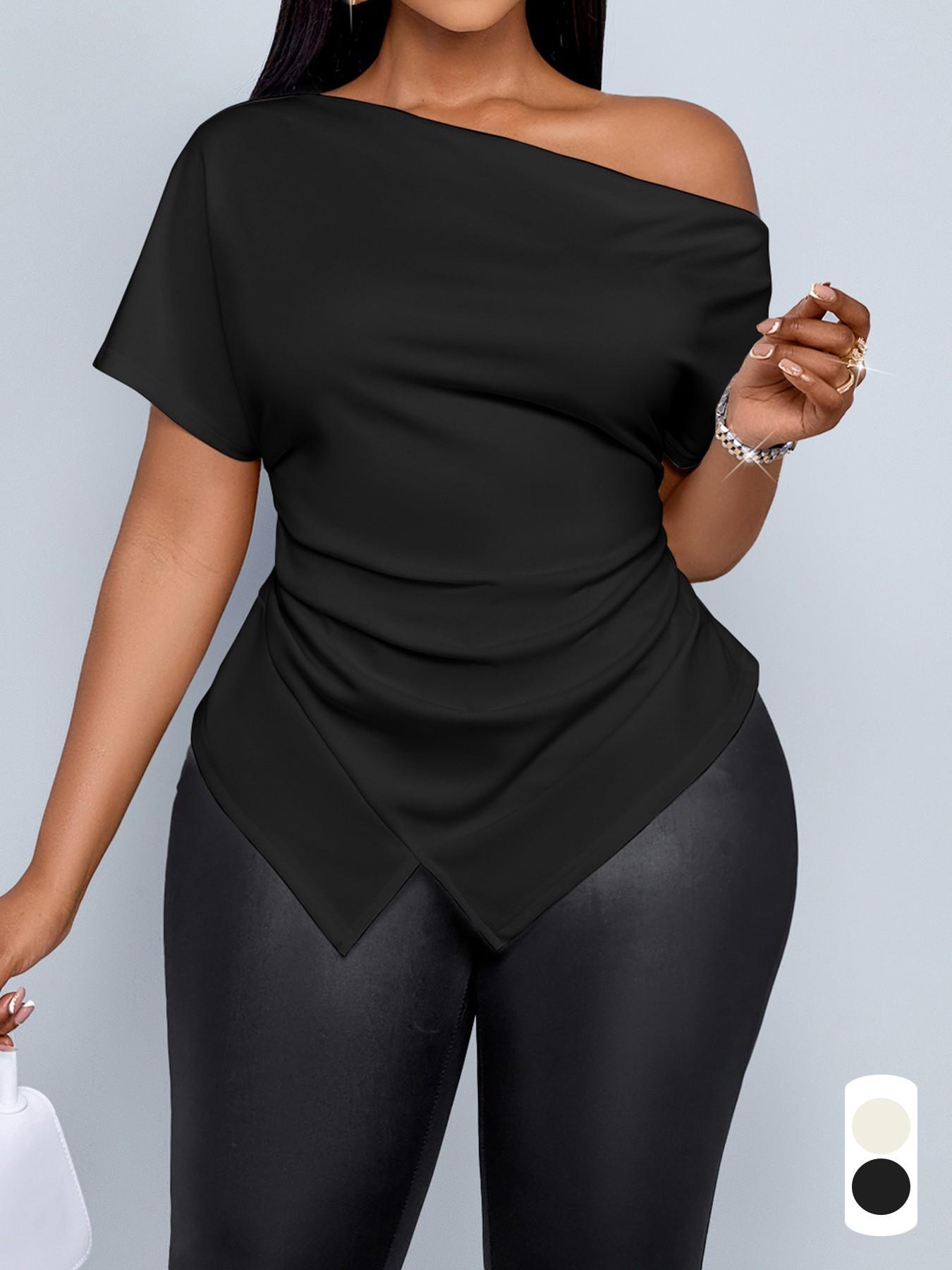 Plus Size Women's Casual Ombre Asymmetrical Hem Short Sleeve Top Blouse, Fitted Drop Shoulder Design, Perfect for Fall Season, Daily Wear &
