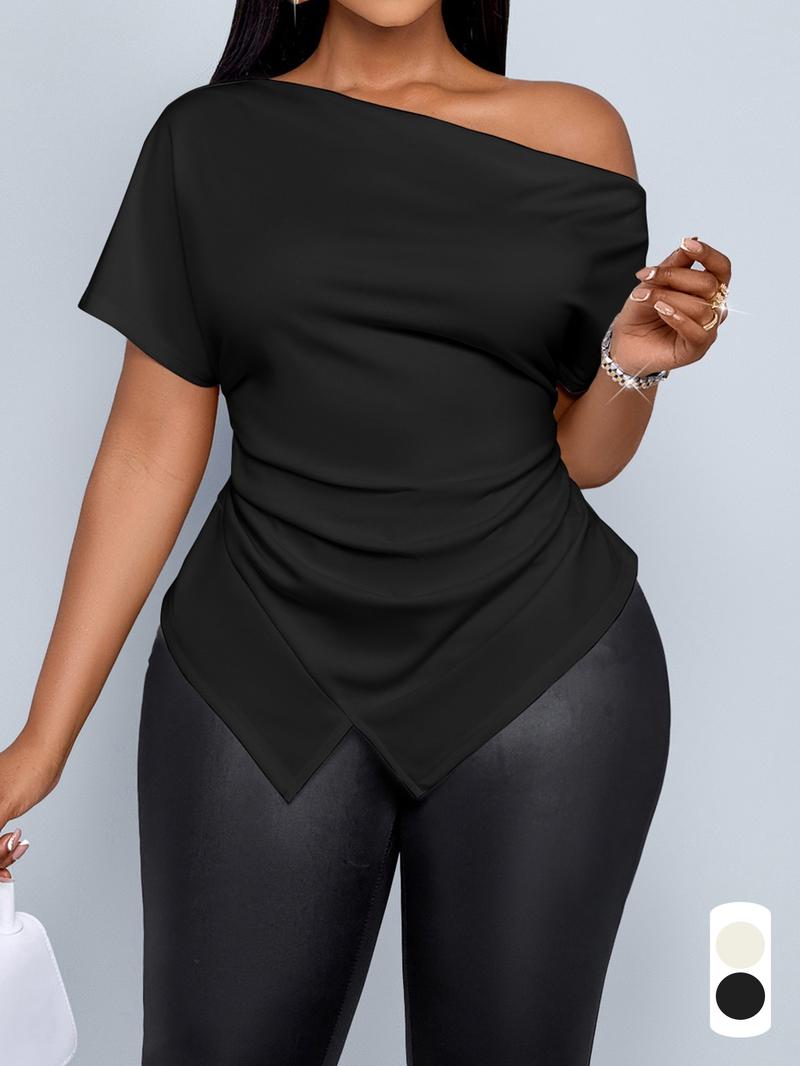 Plus Size Women's Casual Ombre Asymmetrical Hem Short Sleeve Top Blouse, Fitted Drop Shoulder Design, Perfect for Fall Season, Daily Wear &