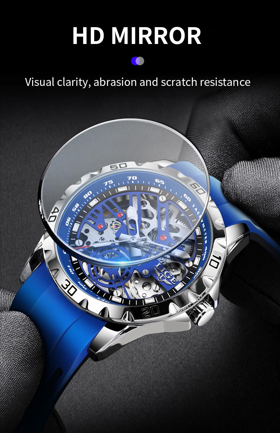LIGE Men's Skeleton Mechanical Watch, 43mm Casual Wristwatch with Stainless Steel Case and Silicone Strap, Luminous Dial, 30m Water Resistant, Mechanical Style Watches detail 5