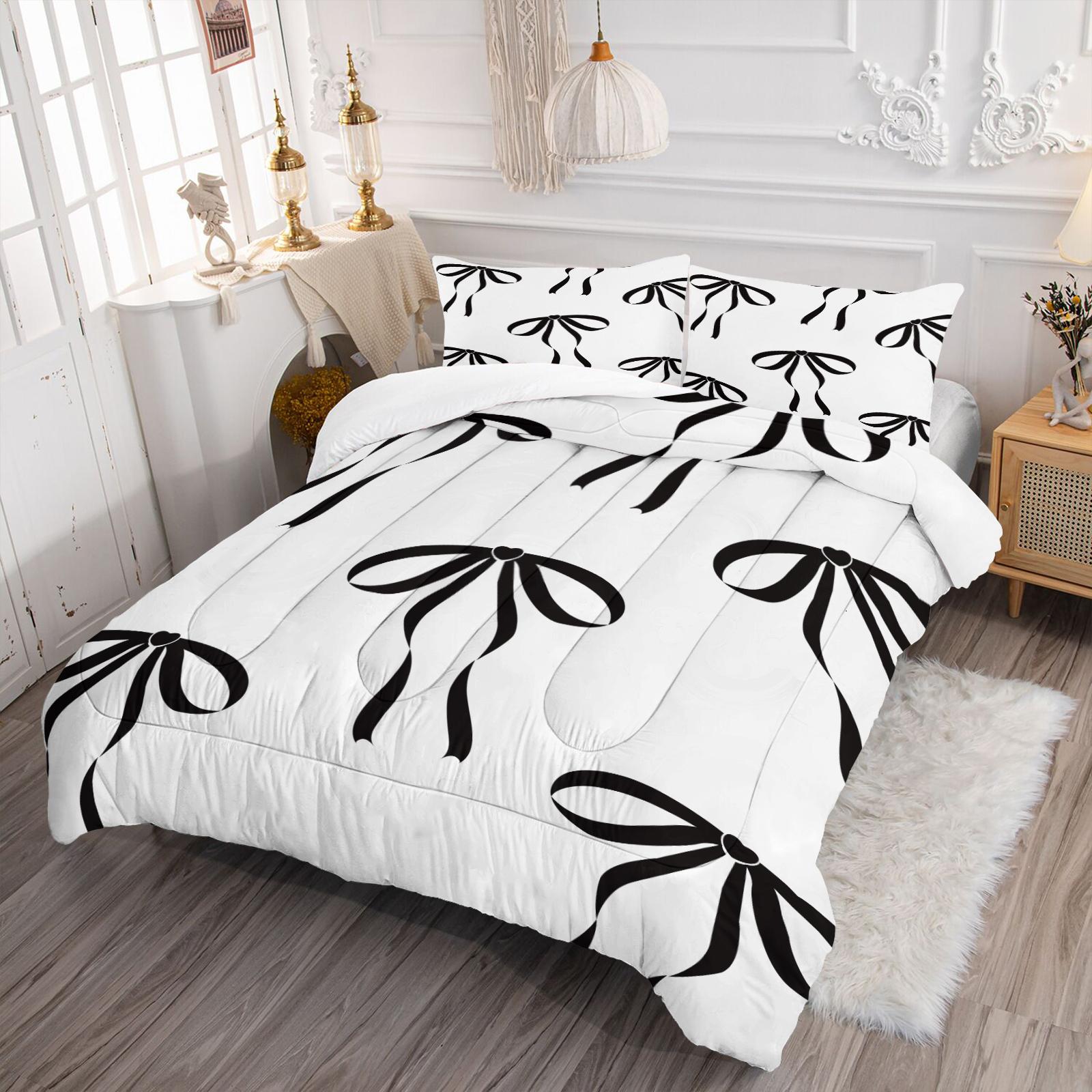 2/3 Pcs Cute Bow Knot Comforter Set, Pastel Sweet Ribbon Bedding for Bedroom, Warm Gift for Teen Girls and Women, Pillow Insert Not Included, Filling Included