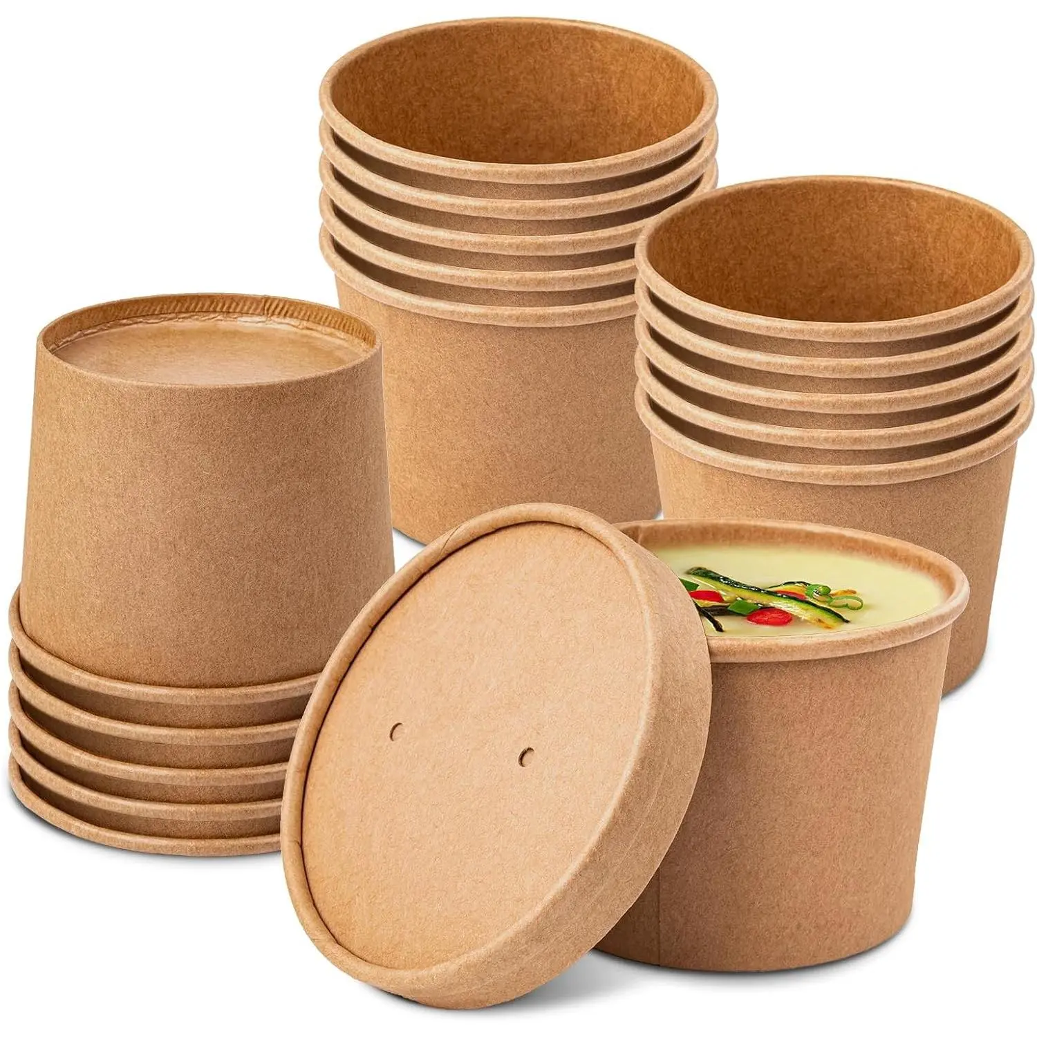 50 Pack 12 oz Kraft Paper Soup Bowls with Lids - Disposable & Biodegradable Containers for Hot Drinks, Food, and Ice CreamGift