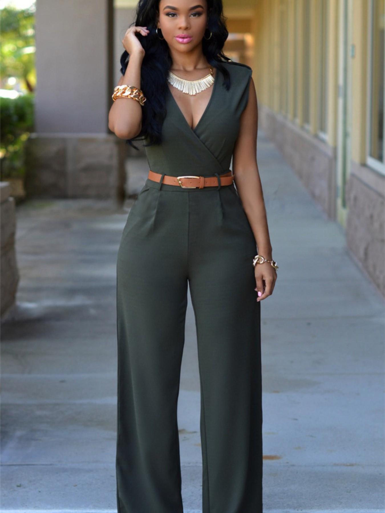 Sexy Pocket Women's Clothing, High Waisted V-Neck Wide Leg Pants, Irregular Jumpsuit with Belt, European and American Style Womenswear