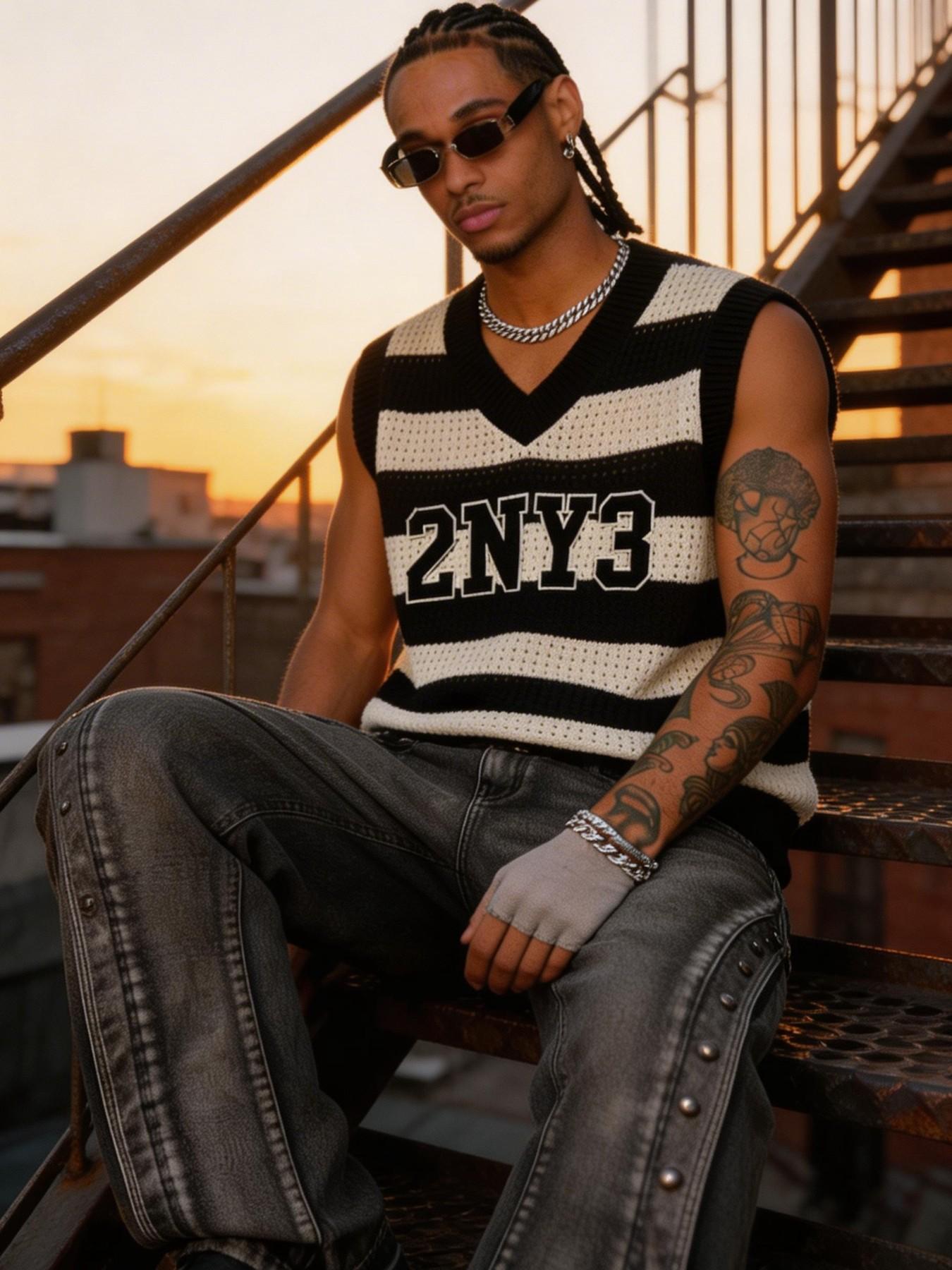 Men's 2NY3 Striped Hollow Out Knitted Vest | V-Neck Streetwear Sleeveless Top Menswear