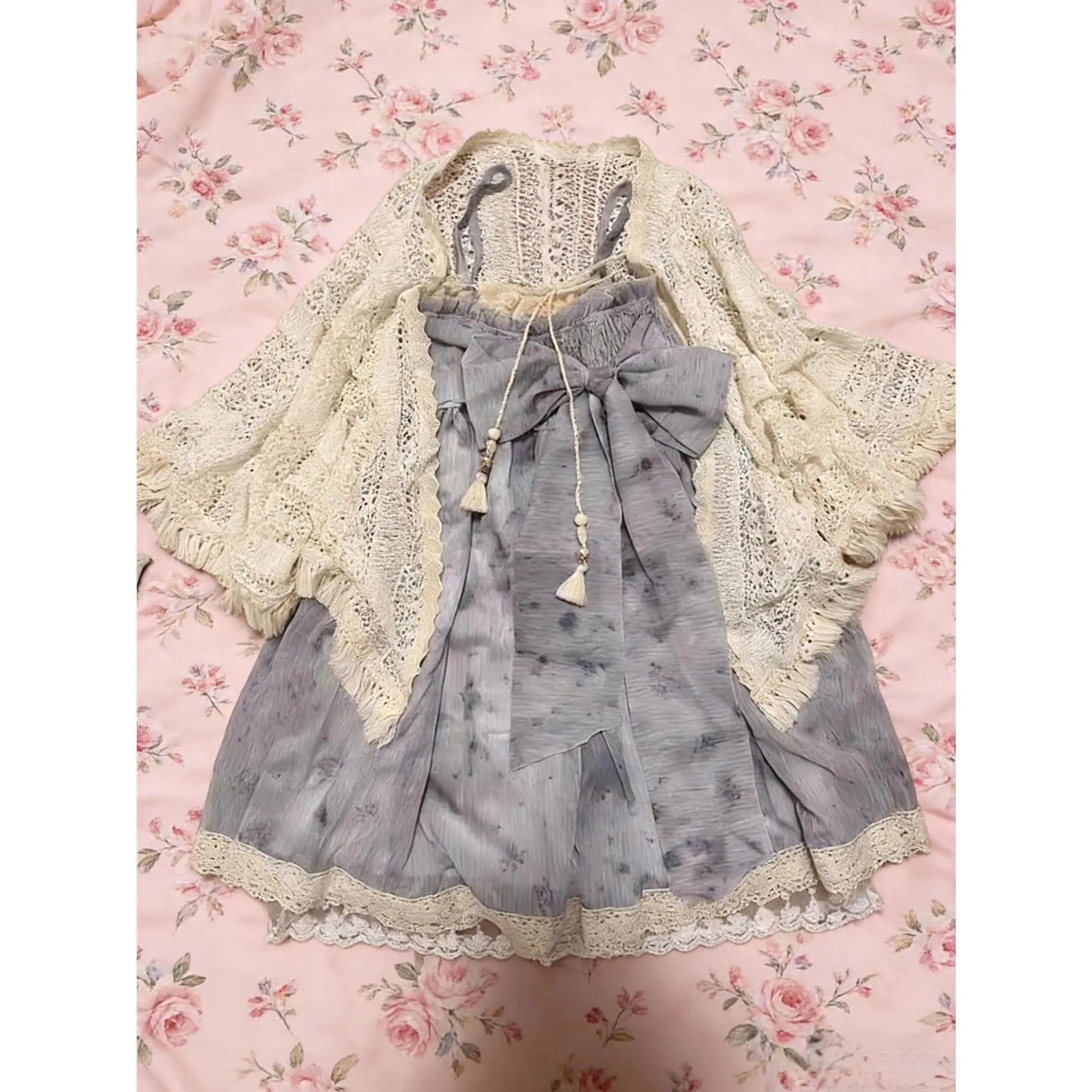 Y2K Vintage 2 Piece Outfit Women Lace Trim Cami Dress Knit Shawl Set Sweet Kawaii Fairy Grunge Aesthetic Summer Dress Set 2026