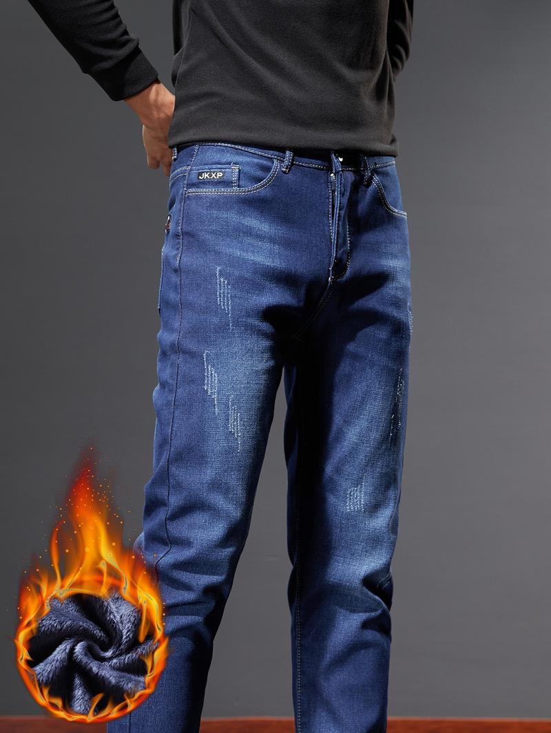 New Fall Winter Fleece Lined Thick Slim Fit Jeans for Men, Casual High-End Elastic Long Pants, Autumn Fashion Menswear