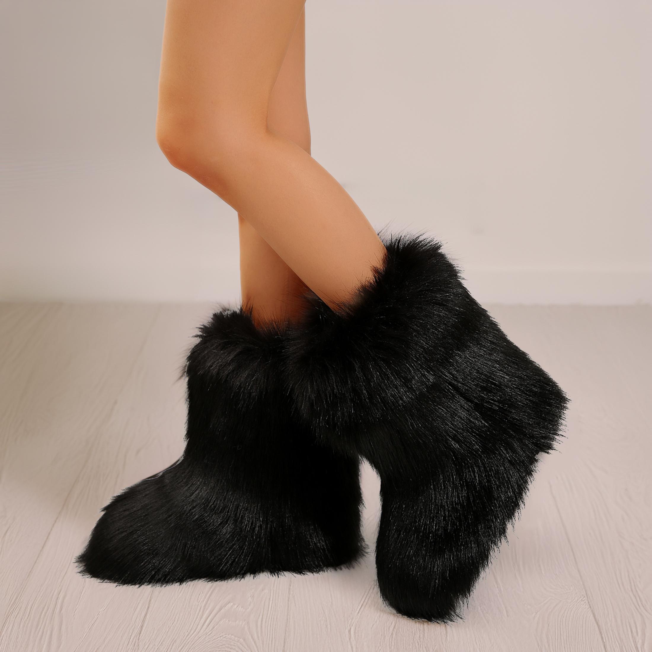Furry Fluffy Women Snow Boots Warmplush Knee High Flats Luxury Fashion Punk Goth Cosplay Women Winter Shoes