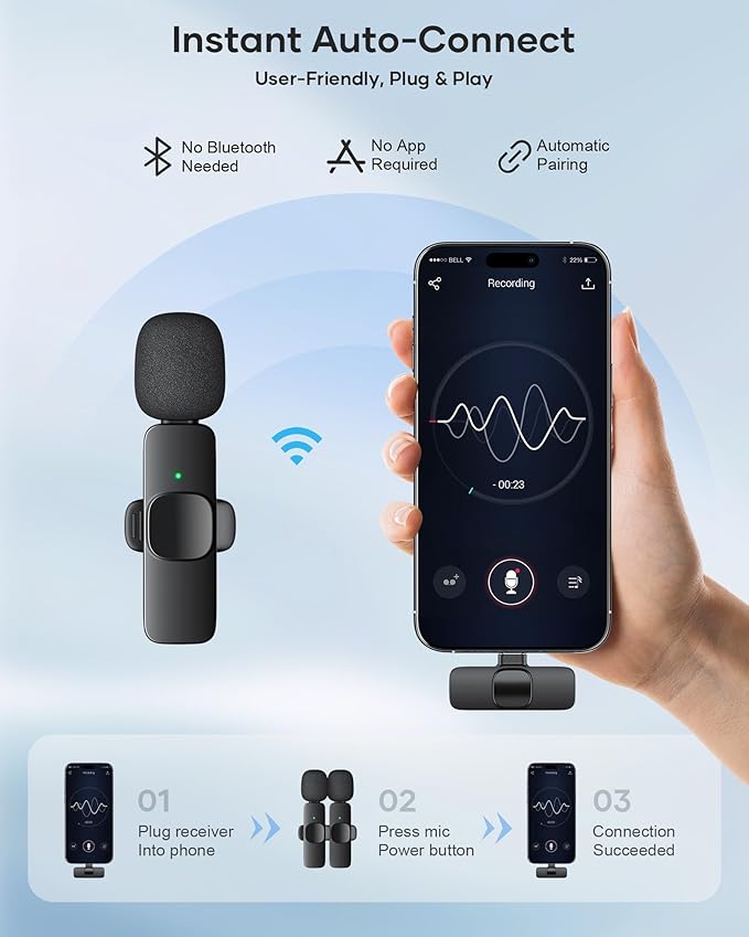 2 Pack Lavalier Microphone for iPhone iPad and Android Phone, Lapel Mic Plug and Play Wireless Mic Noise Reduction Mini Microphone for Video Recording Interview Podcast Vlog YouTube Tiktok