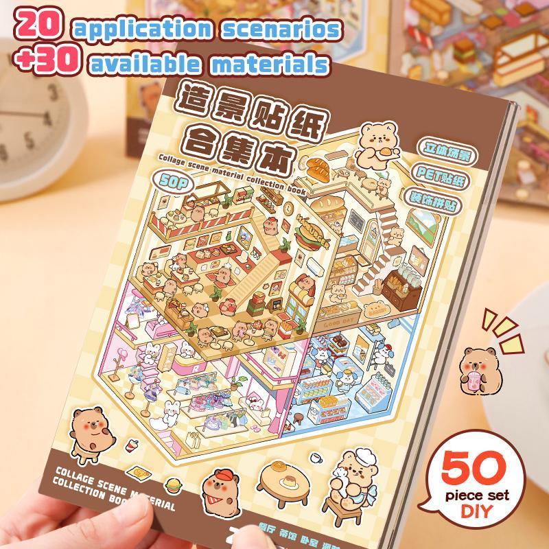 DIY 3D Sticker Scene Collection Book，Mini Scenery Sticker Book, 1 Set Miniature House Sticker with 20 Scene Cards and 30 Stickers, Journal Supplies, Cartoon Stickers, Decorative Scrapbook, Artistic Craft, Phonecase Sticker Collection