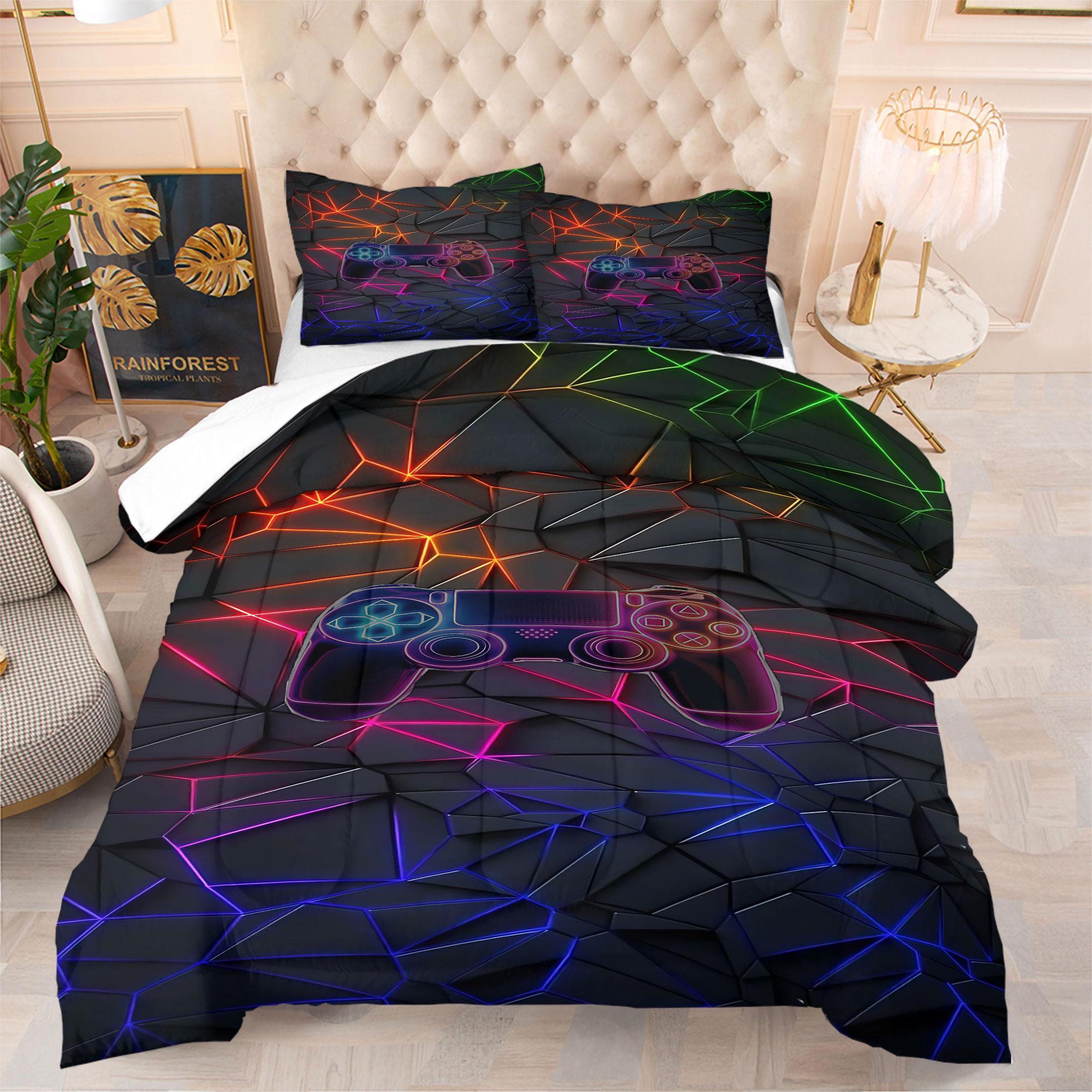 Street Graffiti Game Controller Comforter Set,Includes 1 Comforter & 1-2 Pillowcases,Neon Gamer Themed Print Bedding Set,Soft Breathable All-Season Gamer Bedding,for Teen Boys Bedroom Gamer Room Dorm Decor,Perfect Gift for Video Game Lovers