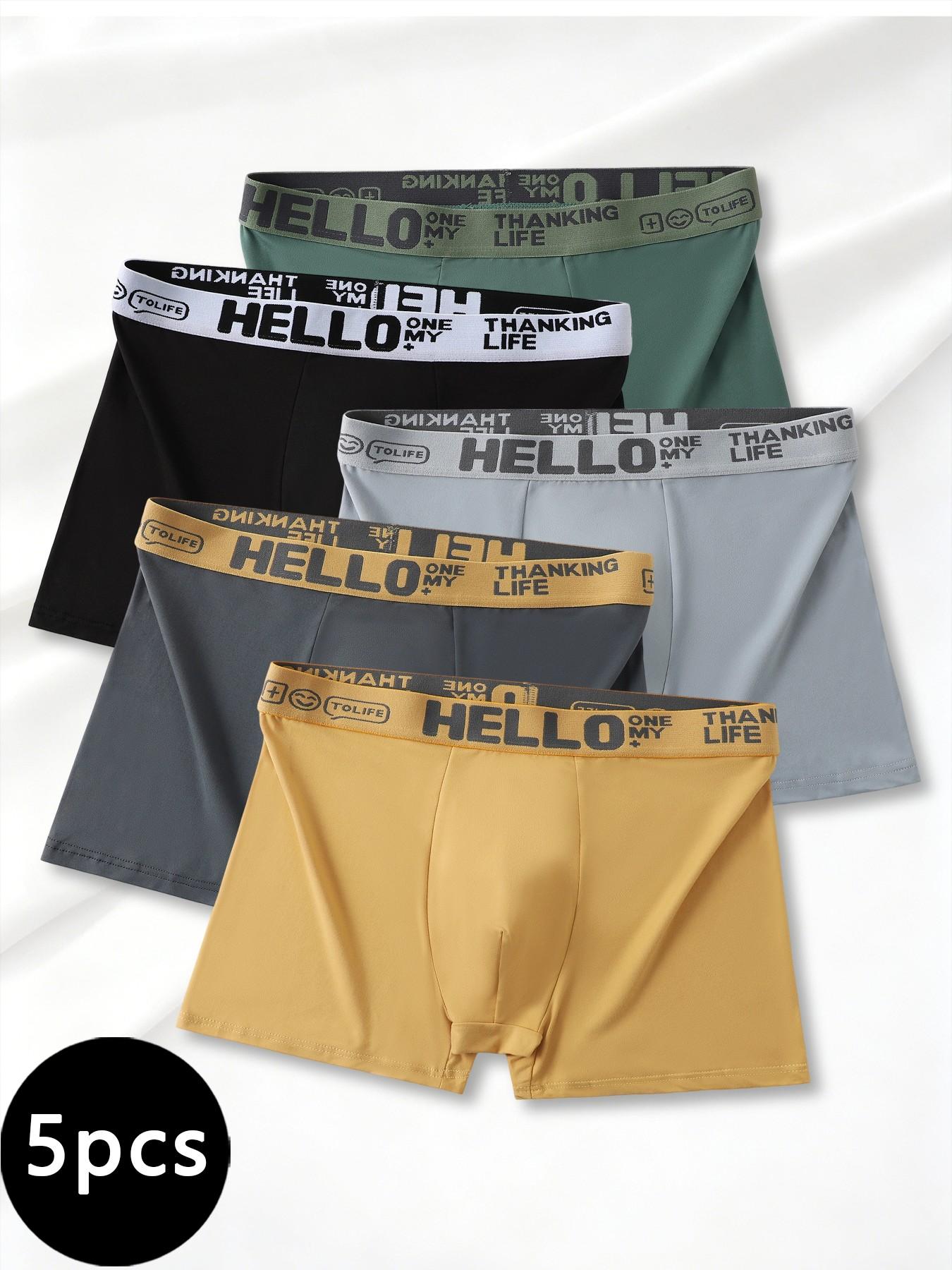 Trendy men's boxer briefs with HELLO lettered waistbands, available in multiple color combinations and a wide variety of options.