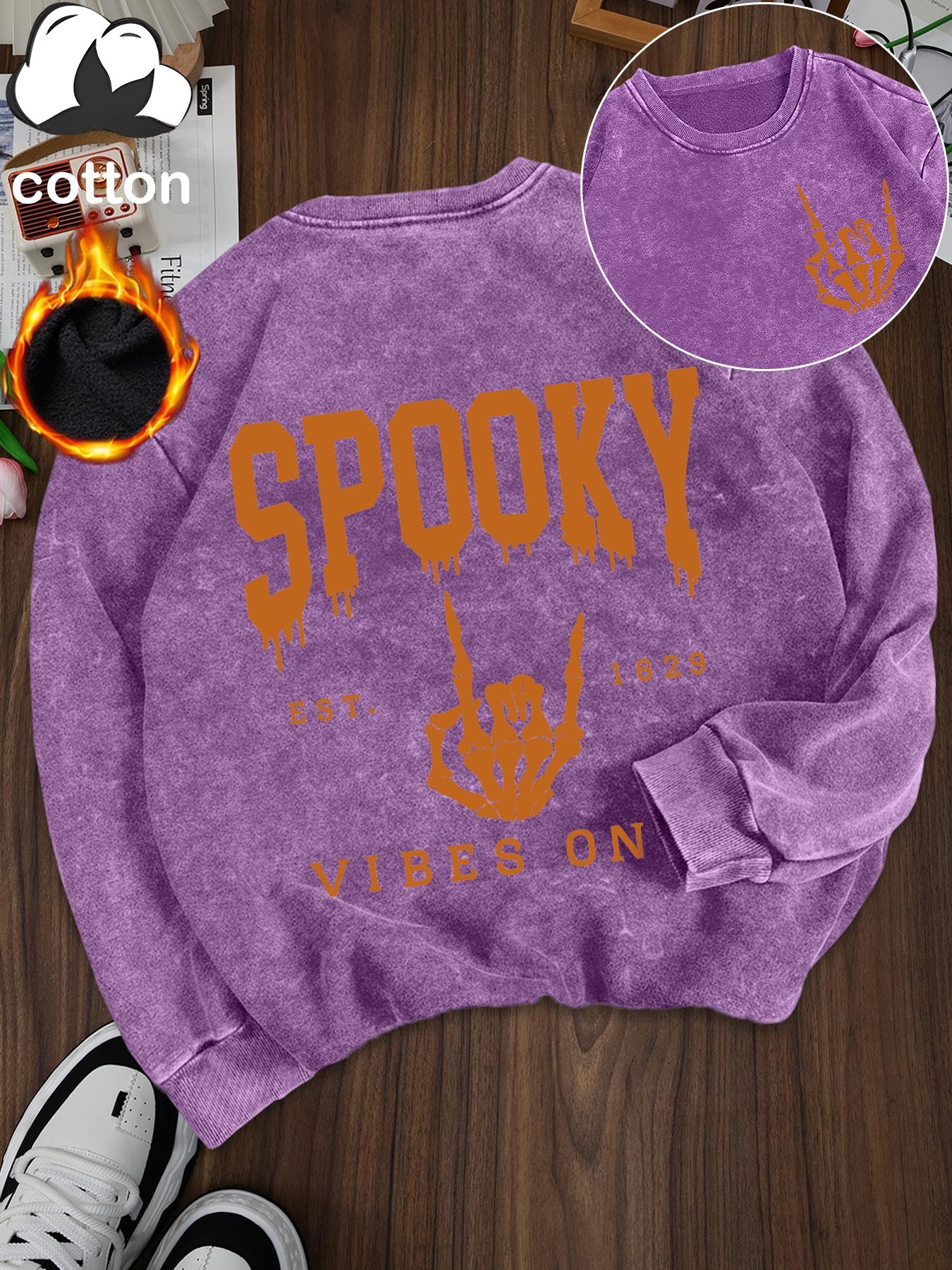 Women's Casual Vintage Wash Cotton Pullover Sweatshirt, Round Neck Long Sleeve Fleece Lined Hoodie for Fall Winter Halloween Fashion