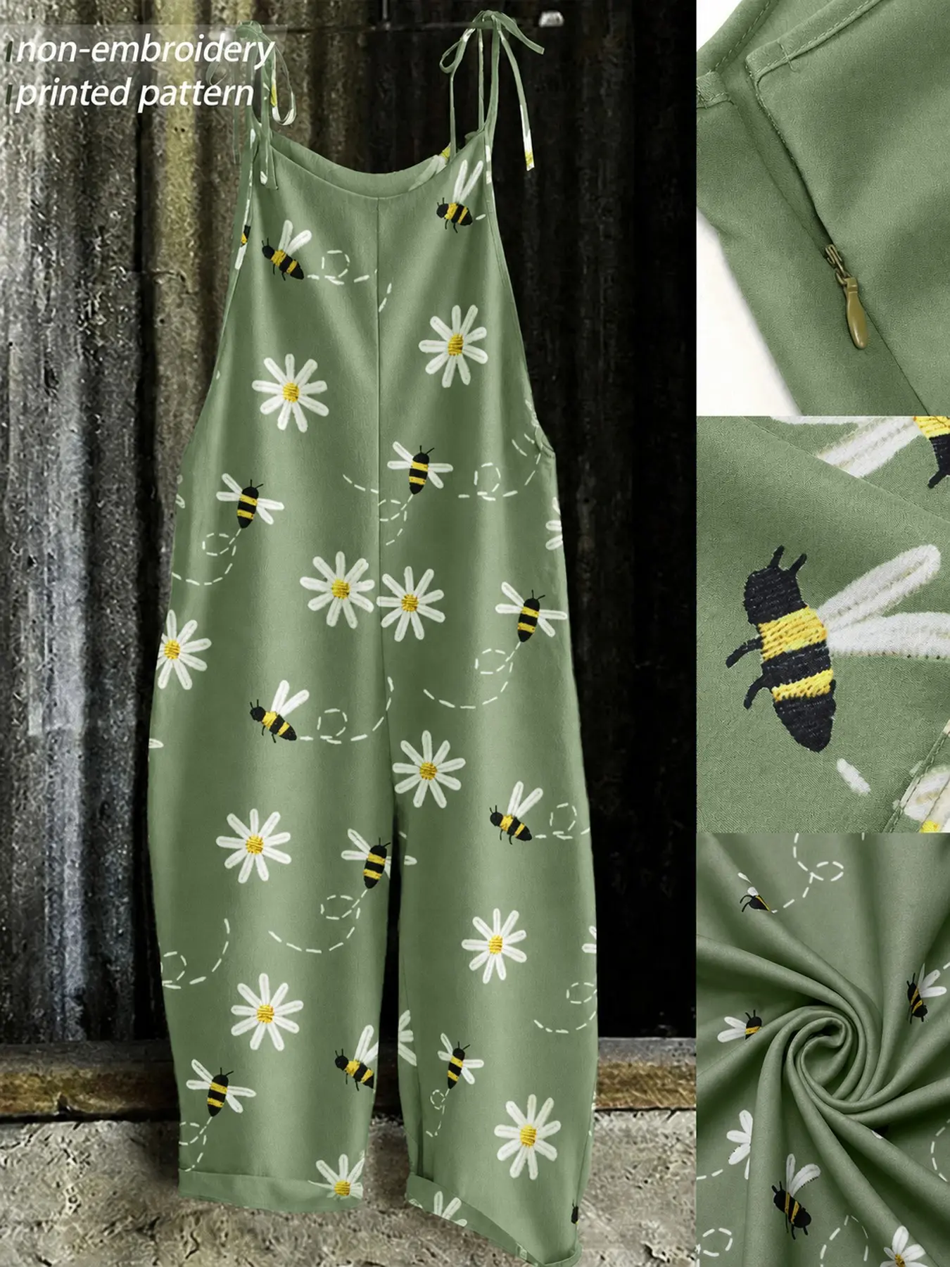 Plus Size Fashion Bee & Daisy Embroidered Jumpsuit, Casual Sleeveless Wide-Leg Jumpsuit, Y2K Stylish Clothes, Casual Summer Wear for Parties and Vacations, Trendy Bohemian Comfortable Relaxed-Fit Dungarees