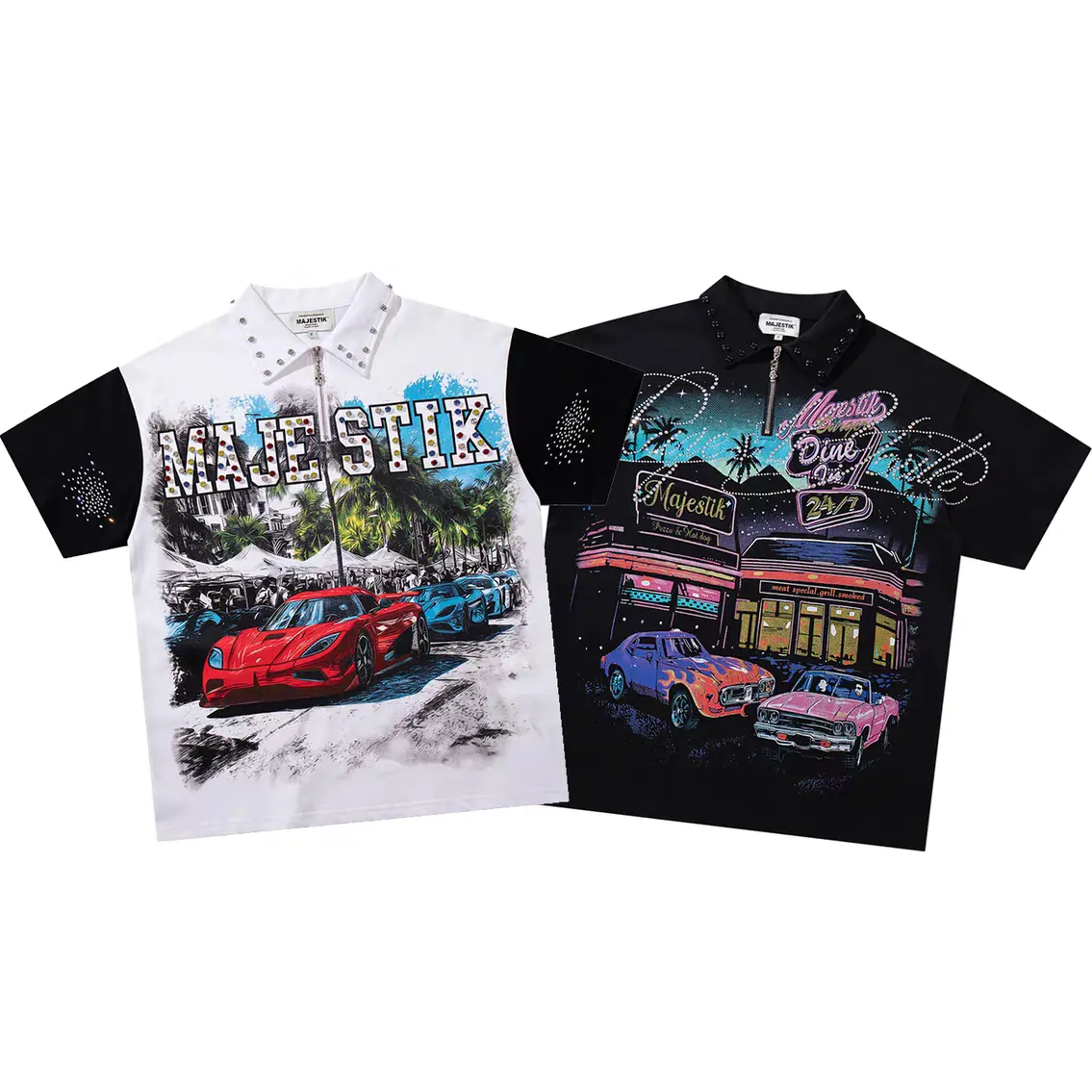 Majestik Retro Racing Car Graphic Polo Tee, Heavyweight Cotton Quarter Zip Short Sleeve T‑Shirt, Rhinestone Decor Collar & Sleeves, Oversized Unisex Drop‑Shoulder Boxy Fit Y2K Motorsport Streetwear Top For Men Women, 2 Color Options