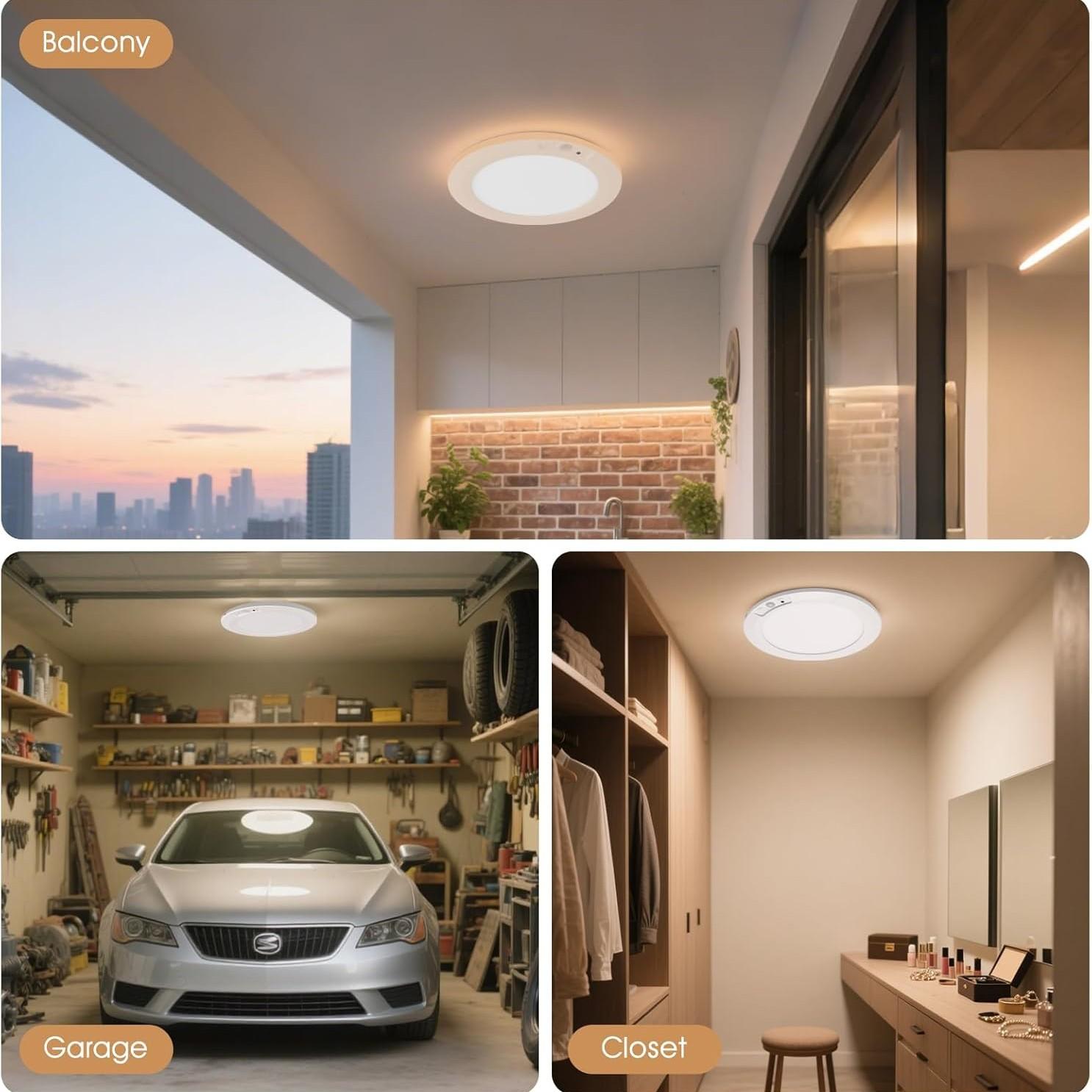 LED Rechargeable Motion Sensor Ceiling Light (2 Pack) with Remote Control, Battery Powered Closet Lamp, Wireless LED Shower Light