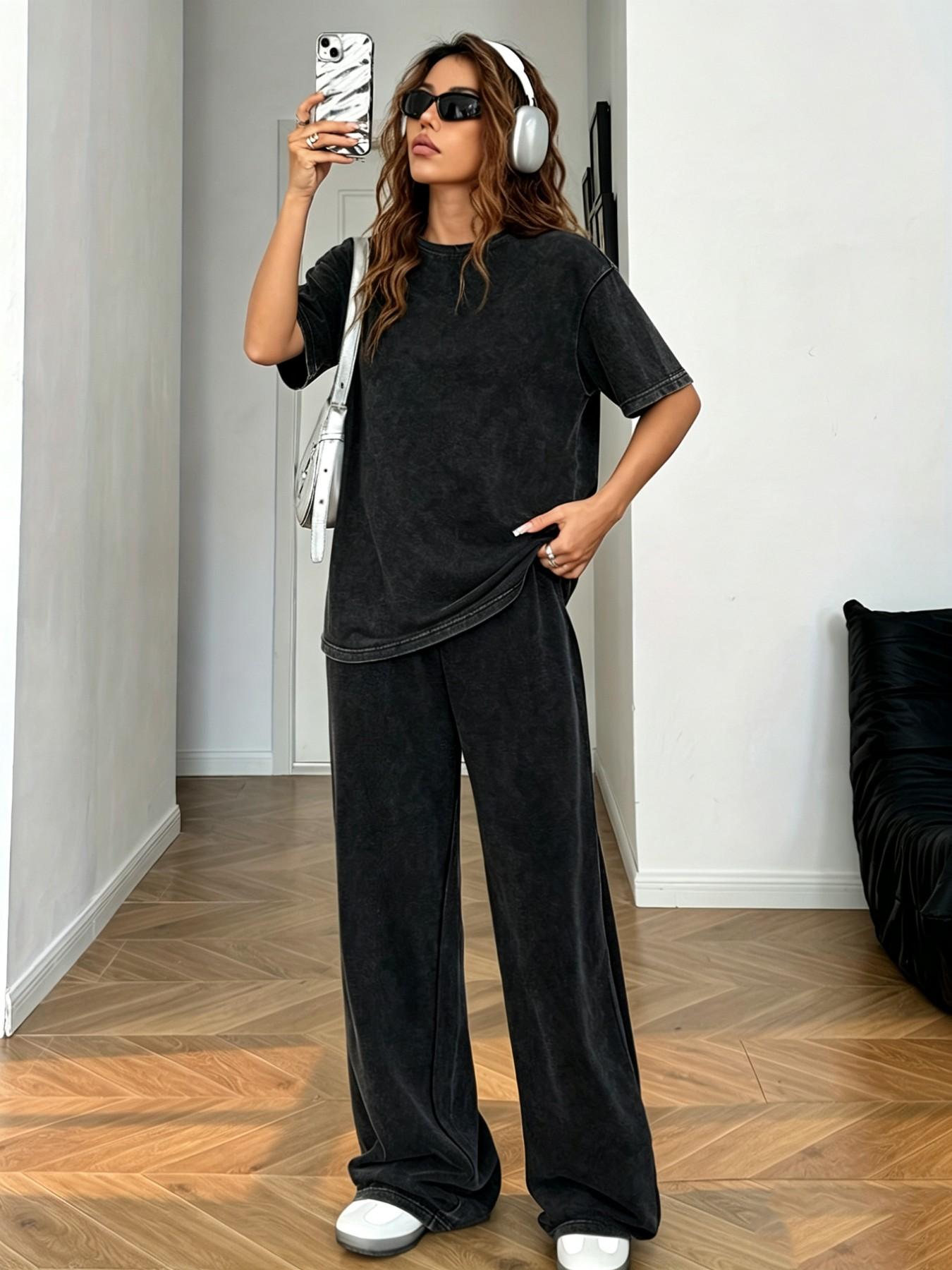 Vintage Acid Wash Knit Cotton Two-Piece Set for Women Loose Round Neck Short Sleeve Tee + Wide Leg Pants, Casual Streetwear Style