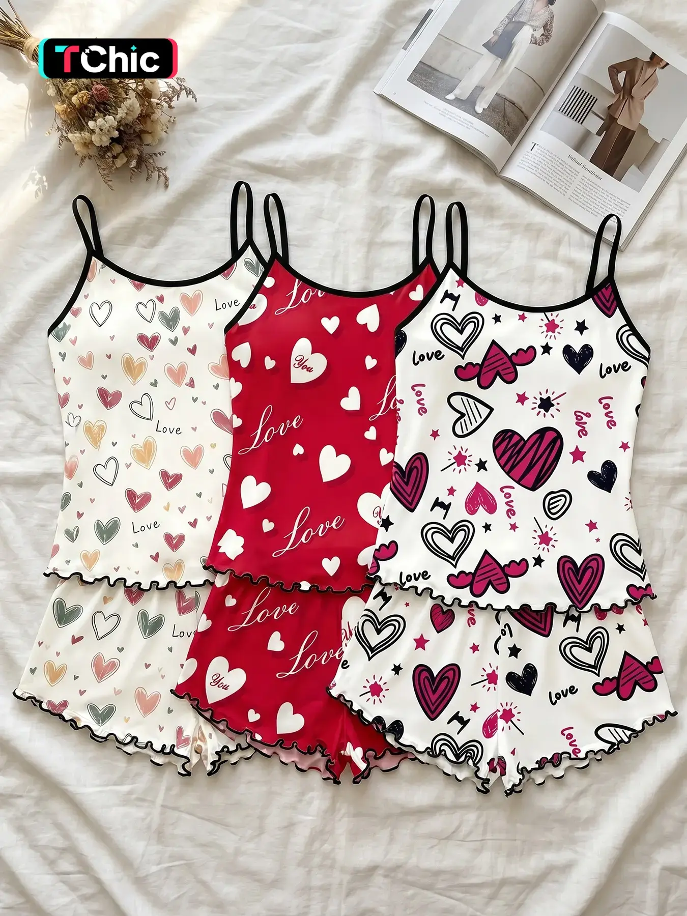 Women's 3 Pack Spaghetti Strap Cami Top and Shorts Pajama Set, Spring Summer Wear, Romantic Love Heart Graffiti Print Ruffle Hem, Sweet Date Style, Feminine Casual Sleepwear