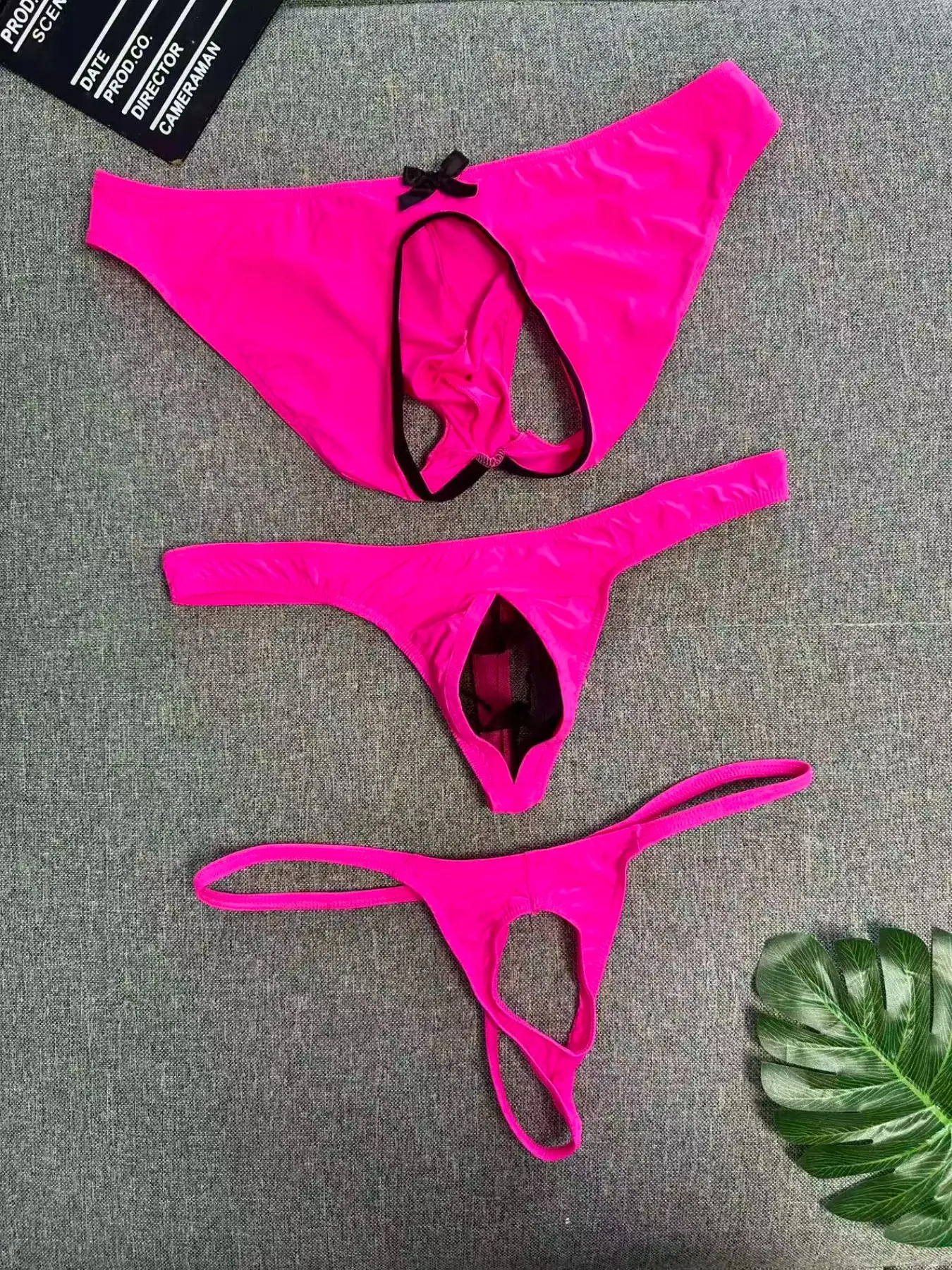 3pcs Men's Combo Pack Black and Hot Pink Cutout Opening, Lovely Bows and Semi-Sheer String Thongs and Triangle Briefs Underwear from XS to XXL, Visual Stimulation Comfortable Low-Waist Trendy Underpants, Suitable for Special Occasions or Intimate Moments