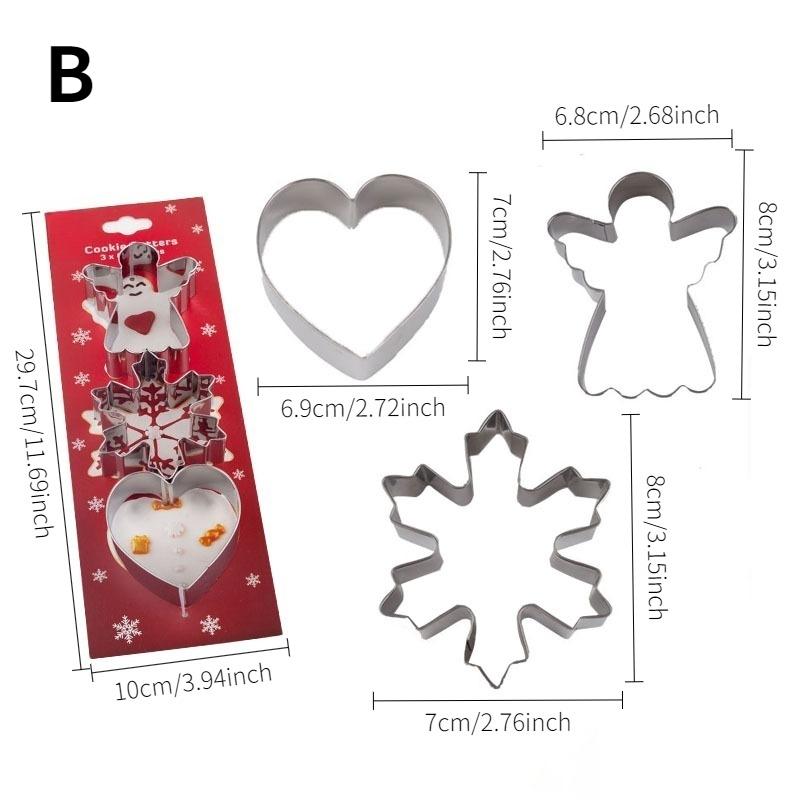 3-piece set of Christmas themed cartoon cookie molds, with fun designs and 3 cute styles to choose from; High quality stainless steel material, specially designed for home baking, essential for Christmas cookies, creating a festive atmosphere dessert.