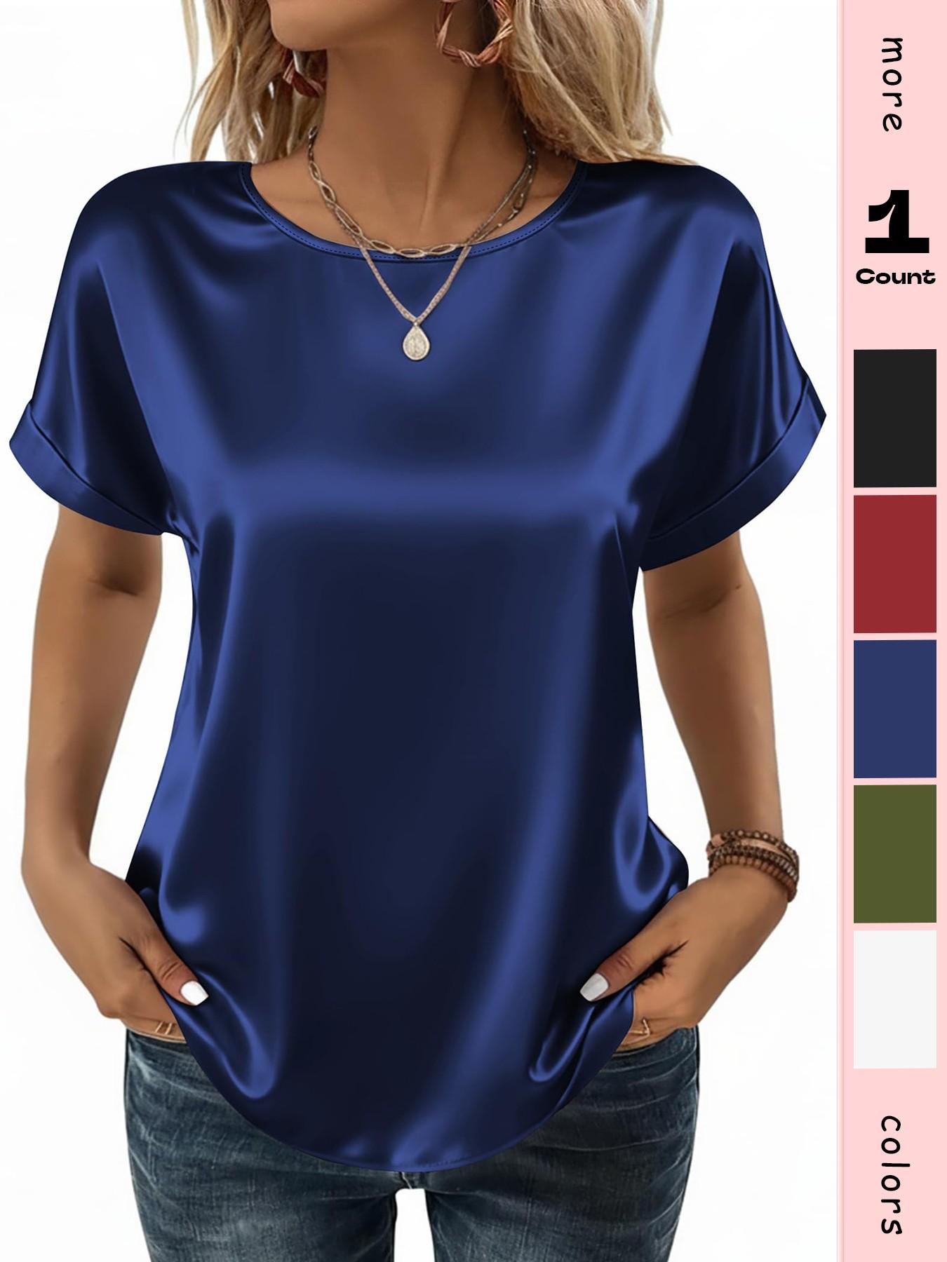 Women's Satin Shirt, Business Casual Short Sleeve Top, Round Neck T-Shirt, Silk Blouse, Summer Clothing, Fashionable and Comfortable