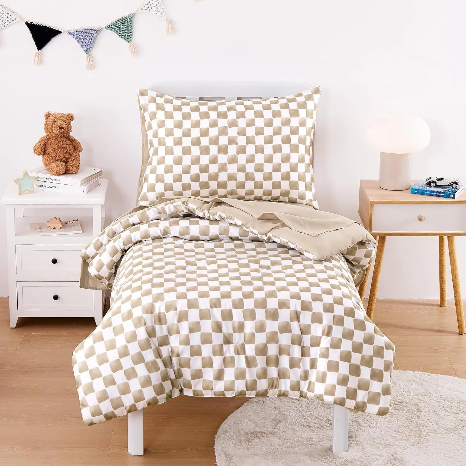 Toddler Bedding Set for Boys Girls, Cute Gingham Grid Checkered, 4 Pieces Soft Crib Bed Set Including Comforter, Sheets and Pillowcase, Brown White