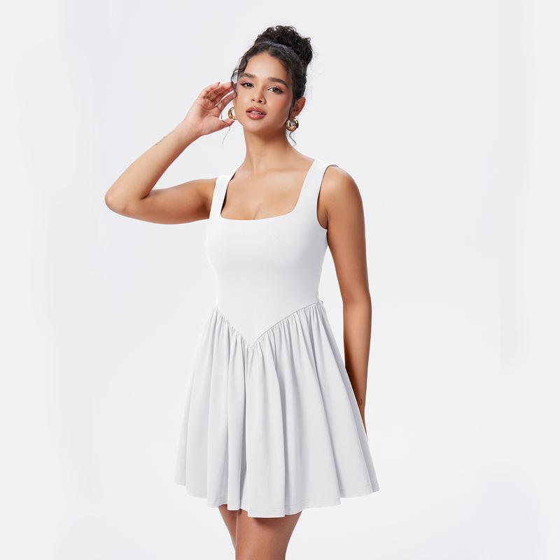 OYV Women's Summer Sleeveless Square Neck A-line Ruffle Hem Mini Tank Dress with Pockets