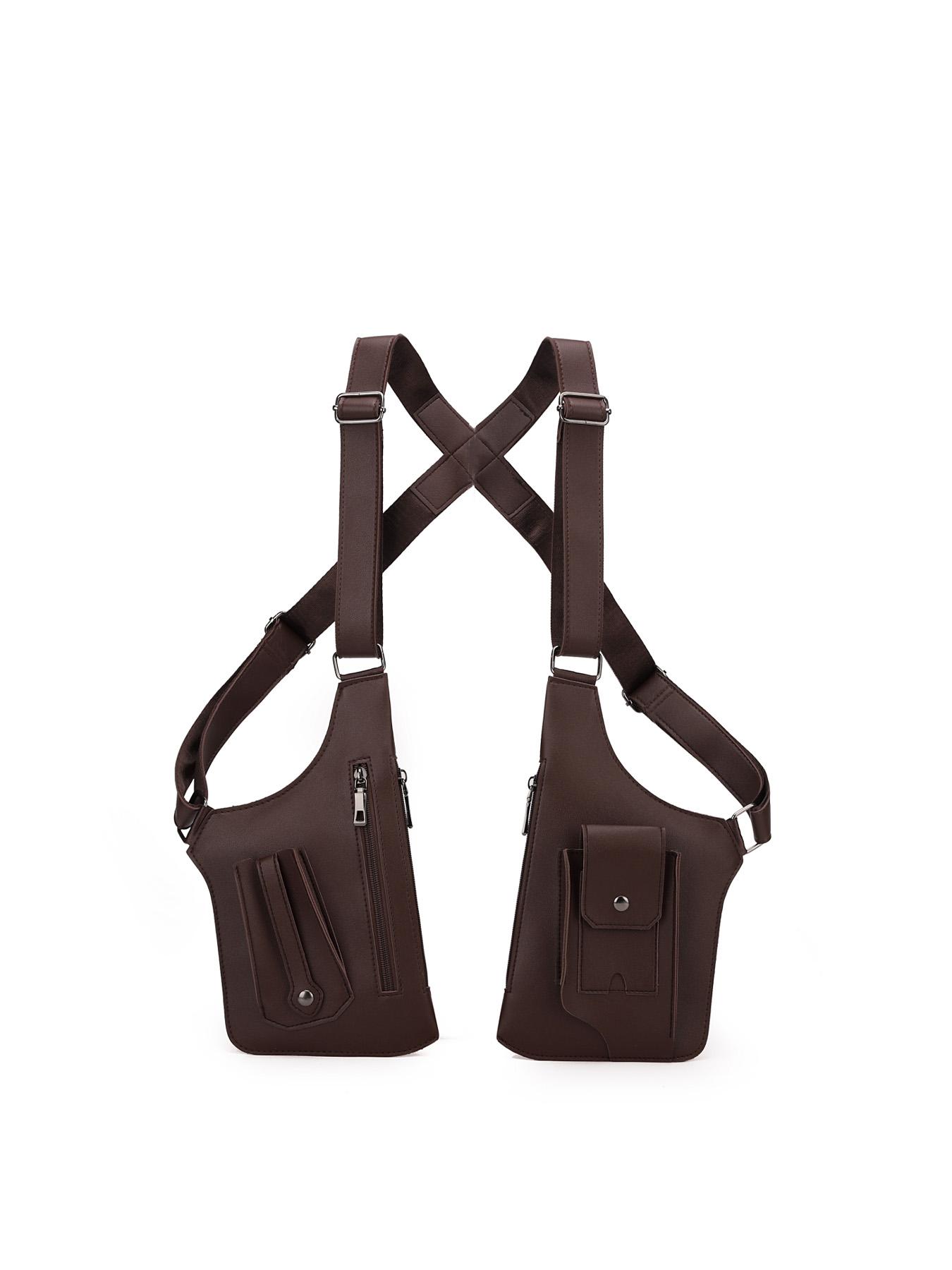 1pc Tactical style PU leather shoulder bag for men, multi pocket adjustable shoulder strap functional shoulder bag, cyberpunk style workwear armpit bag, trendy and cool outfit with vest bag