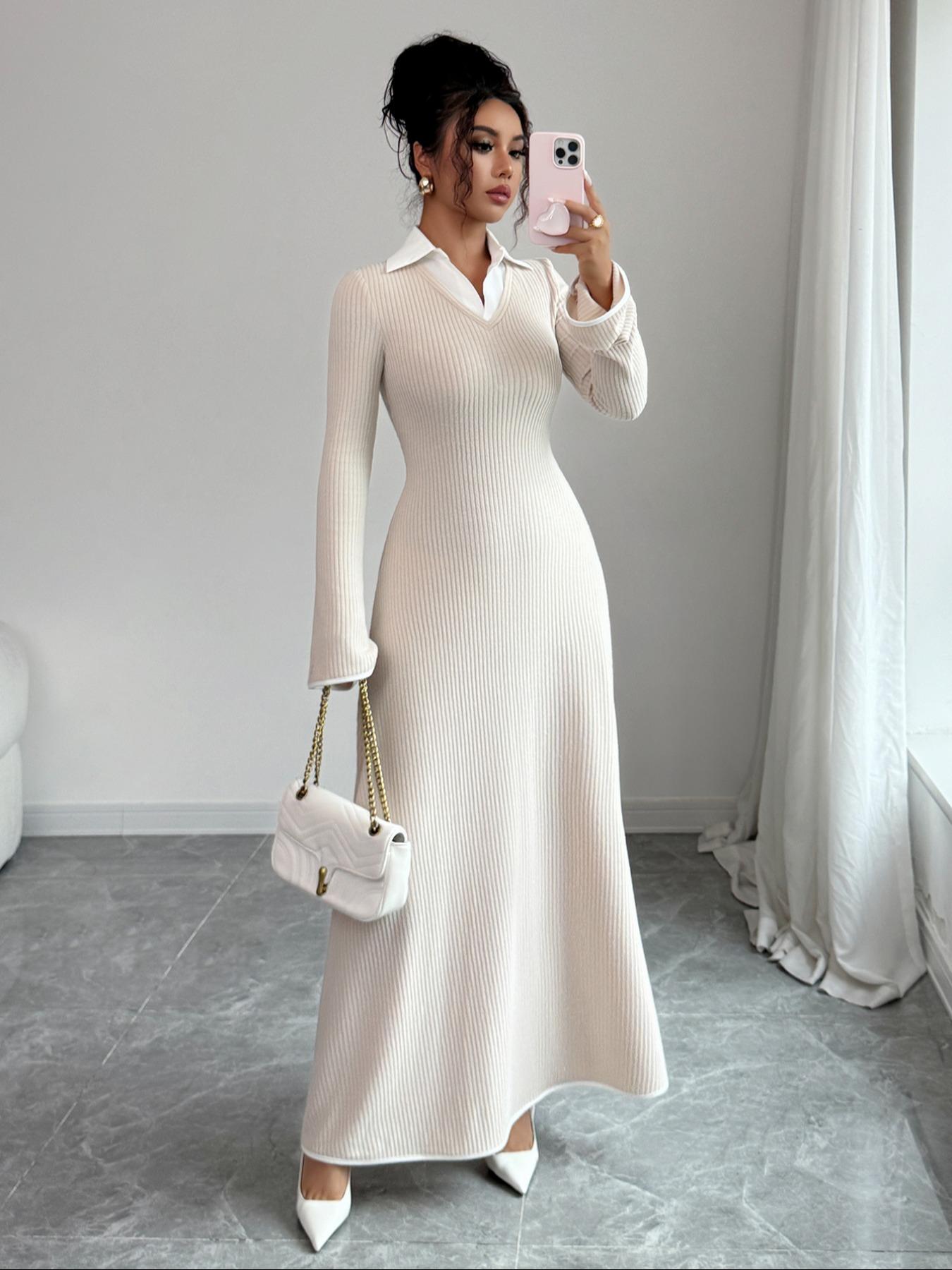 Fashion Elegant Shirt Collar Waist Cinched Long Sleeve Dress, Fitted Plain Design for Fall & Winter, Women's Stylish Clothing, Minimalist