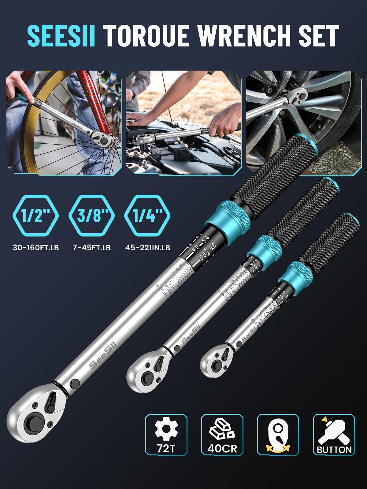 Seesii 1/4 3/8 1/2-inch Drive Click Torque Wrench Set - 8Pcs, Ultra-Precise ±3% Accuracy, 72-Tooth Dual Scale for Bike/Moto/Car Repair, Multi-functional Torque Wrench 45-221in.lb, 7-45ft.lb, 30-160ft.lb with Adapters, CH450 Black Friday Deals