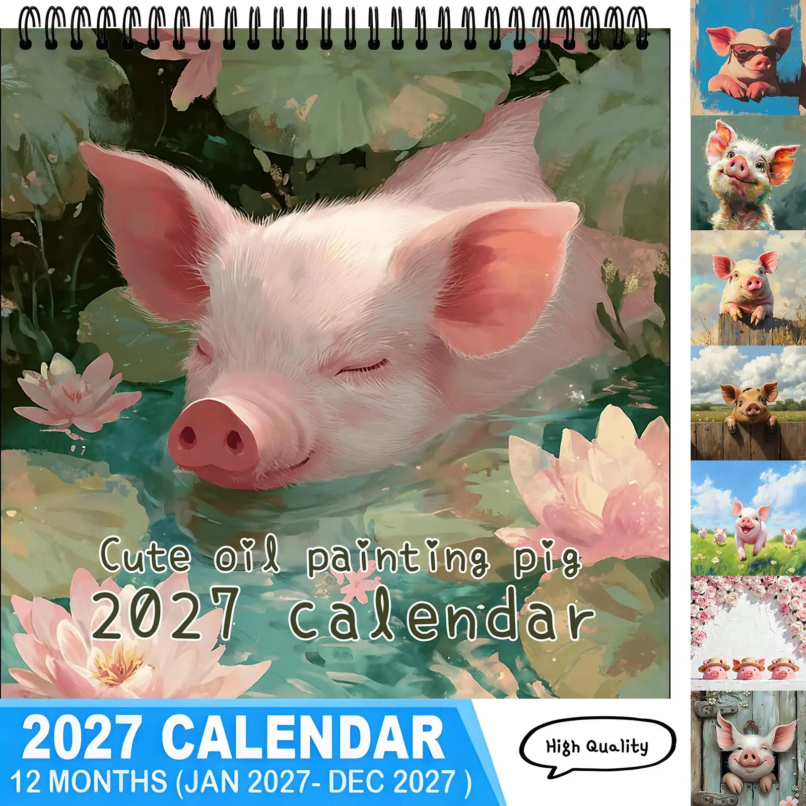 2027 Calendar, Cute Oil Painting Pig Wall Calendar, 12 Monthly Farm Animal Pig Art Calendar Jan-Dec 2027, High Quality Hanging Calendar For Home Office Decor Gift,New Year Calendar