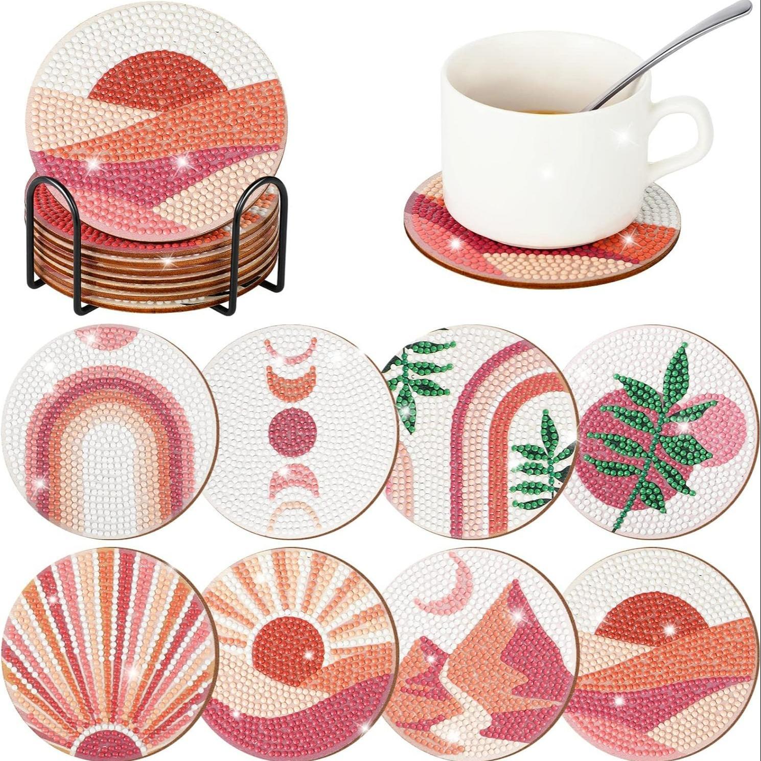 Pastel-Colored Landscape Pattern DIY Diamond Art Painting Coasters, 8 Counts Wooden Round Table Decorative Cup Mats with Stand for Display to Add Style for Home, Kitchen and Coffee Shop #GLOBAL PICKS