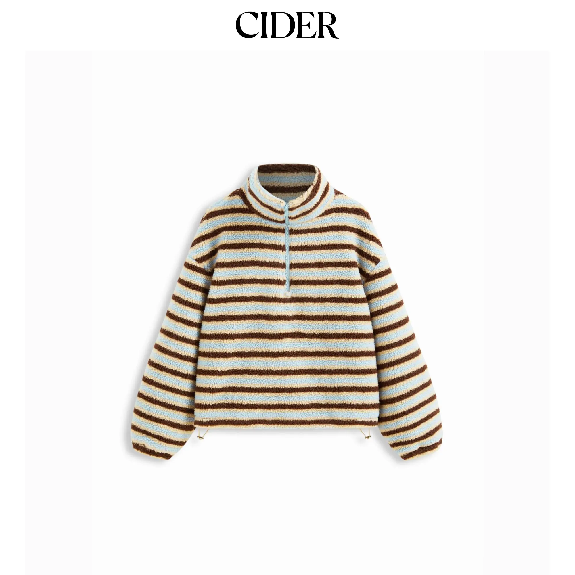 Cider Fleece Stripe Stand Collar Drawstring Half Zip Oversized Sweatshirt