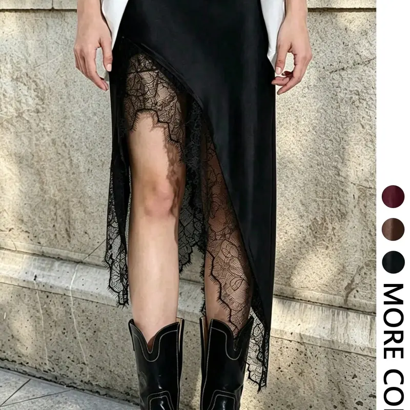 Women's High-Waisted Lace-Trim Skirt, Asymmetrical Hem & Zipper Design, Casual Streetwear Bottom for Daily Wear Aesthetic