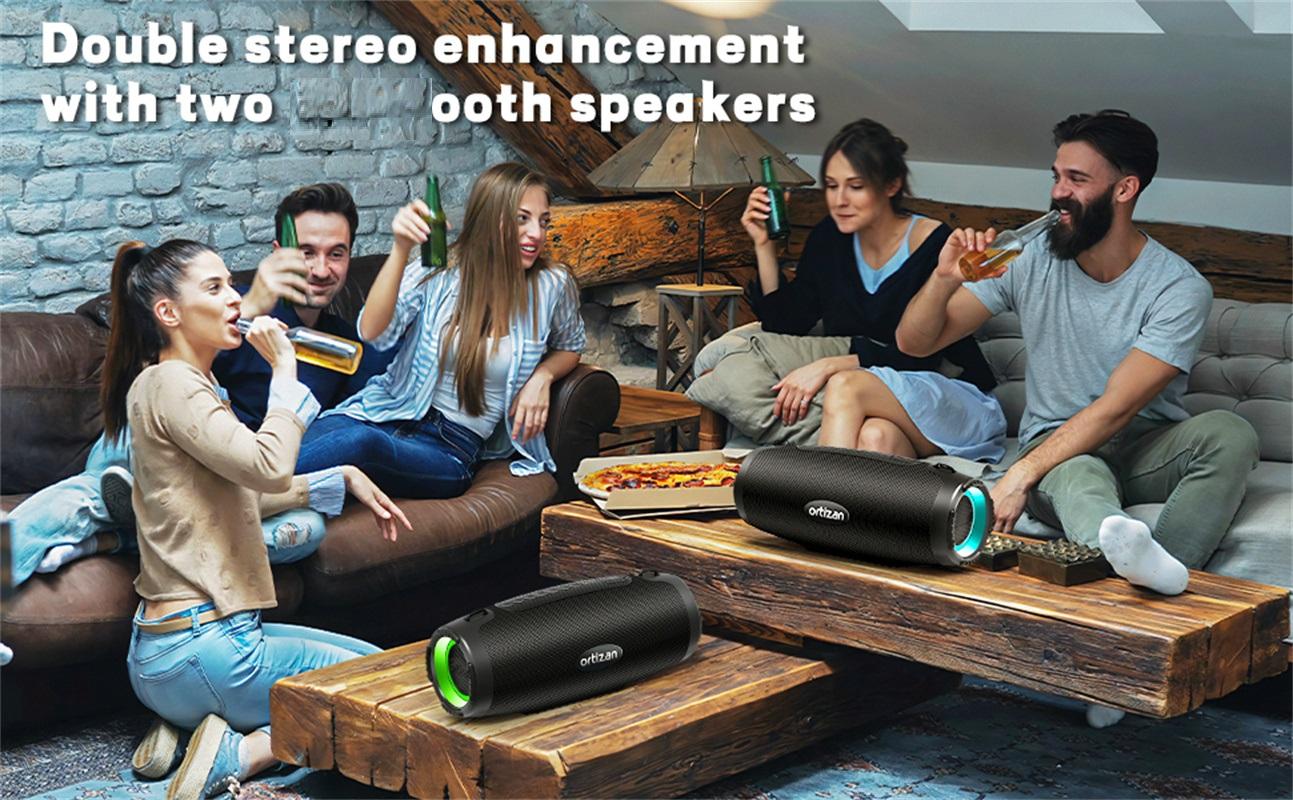 【Ortizan】 100W Bluetooth Speaker - Powerful Sound and Deep Bass, Portable Wireless, IPX7 Waterproof, 12H Playtime, Power Bank, EQ, USB, LED Lights - Outdoor Loud Subwoofer Boombox for Party, Camping Weatherproof Loudspeaker System