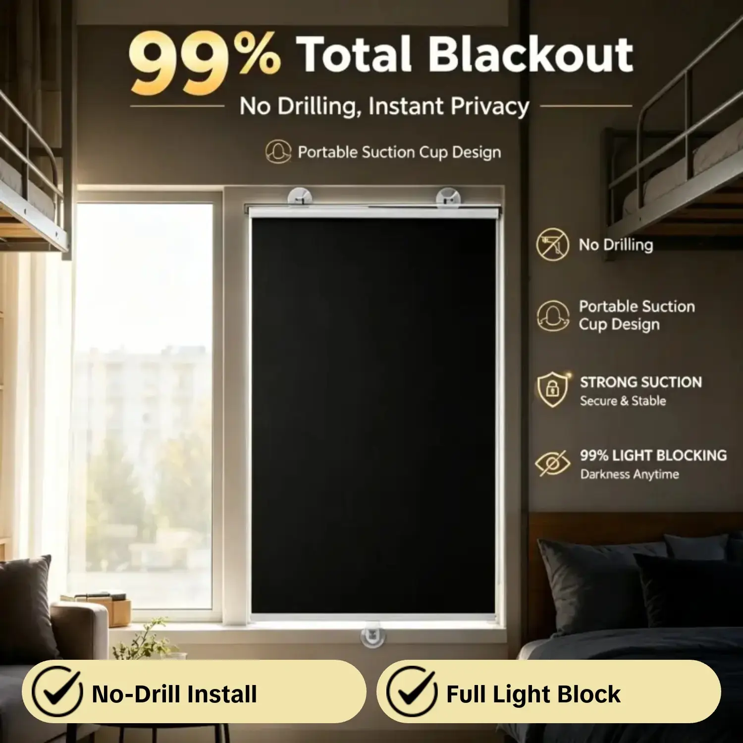 No-Drill Sun Roller Blind, 99% Light Block, Portable Car Sunshade, Car Window Sunshades, Window Shade, Sun Shades for Car Windows, Ideal for Car, Bedroom, Dorm, Home, Office, Travel
