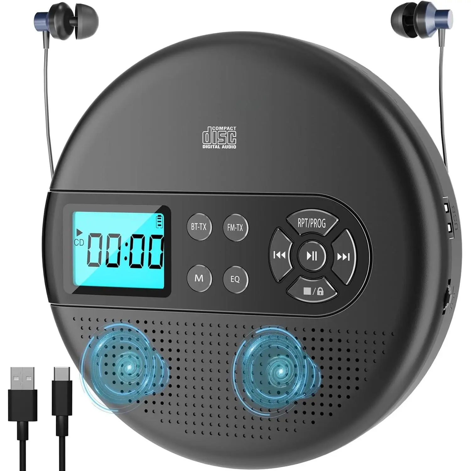 Portable CD Player with  RX/TX, FM Transmitter & USB |  FM Compatible, -in Stereo Speakers, Large LCD Display, AUX Output, Headphone Jack, Anti-Skip, Rechargeable