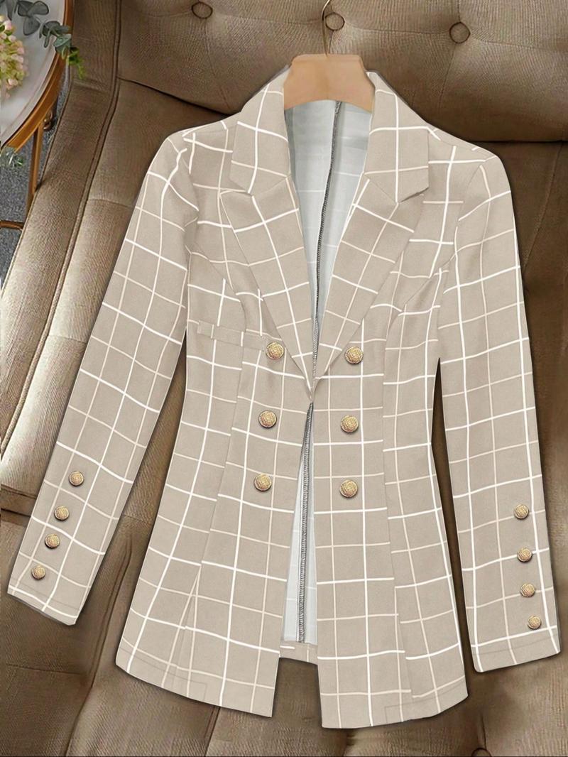 Women's Plaid Gold Button Casual Blazer Jacket, Elegant Simple Design, Office Party Autumn Winter Wear, Fitted Woven Fabric