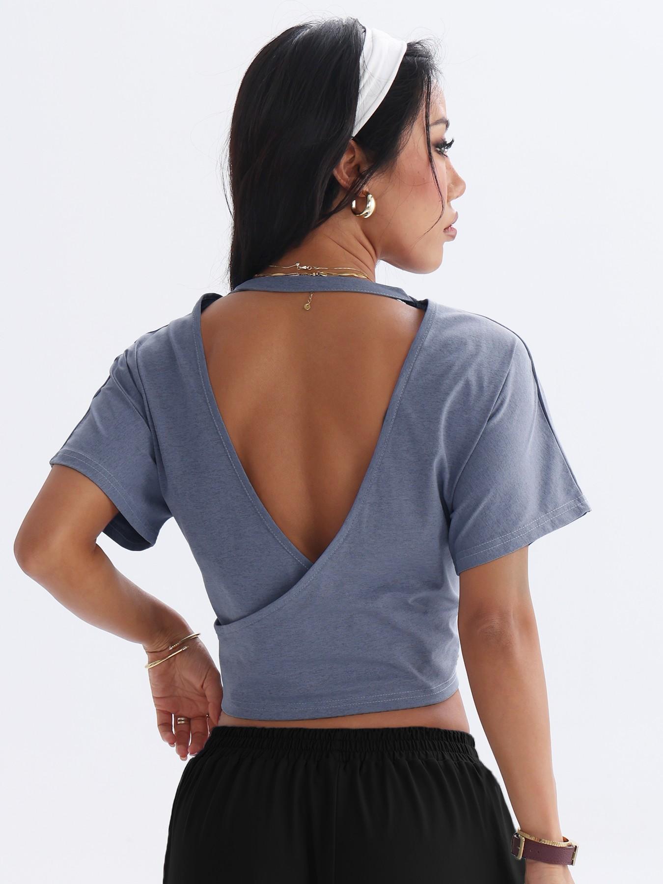 Women's Back Cross Cut-Out Elastic Short Sleeve T-Shirt, Hollow Back Activewear, Gym Workout Running Outdoor Casual Hiking Tennis Daily Commute Top