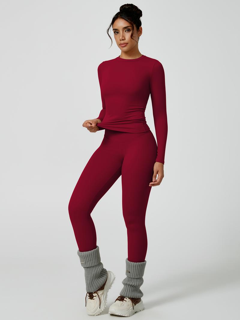 Women's Solid Long-Sleeve Tee & High-Waist Leggings Set, Sporty Round Neck Top & Skinny Pants 2-Piece Set for Gym Workout and Running, Ladies Fall & Winter Sportswear, Sports Fitness Wear