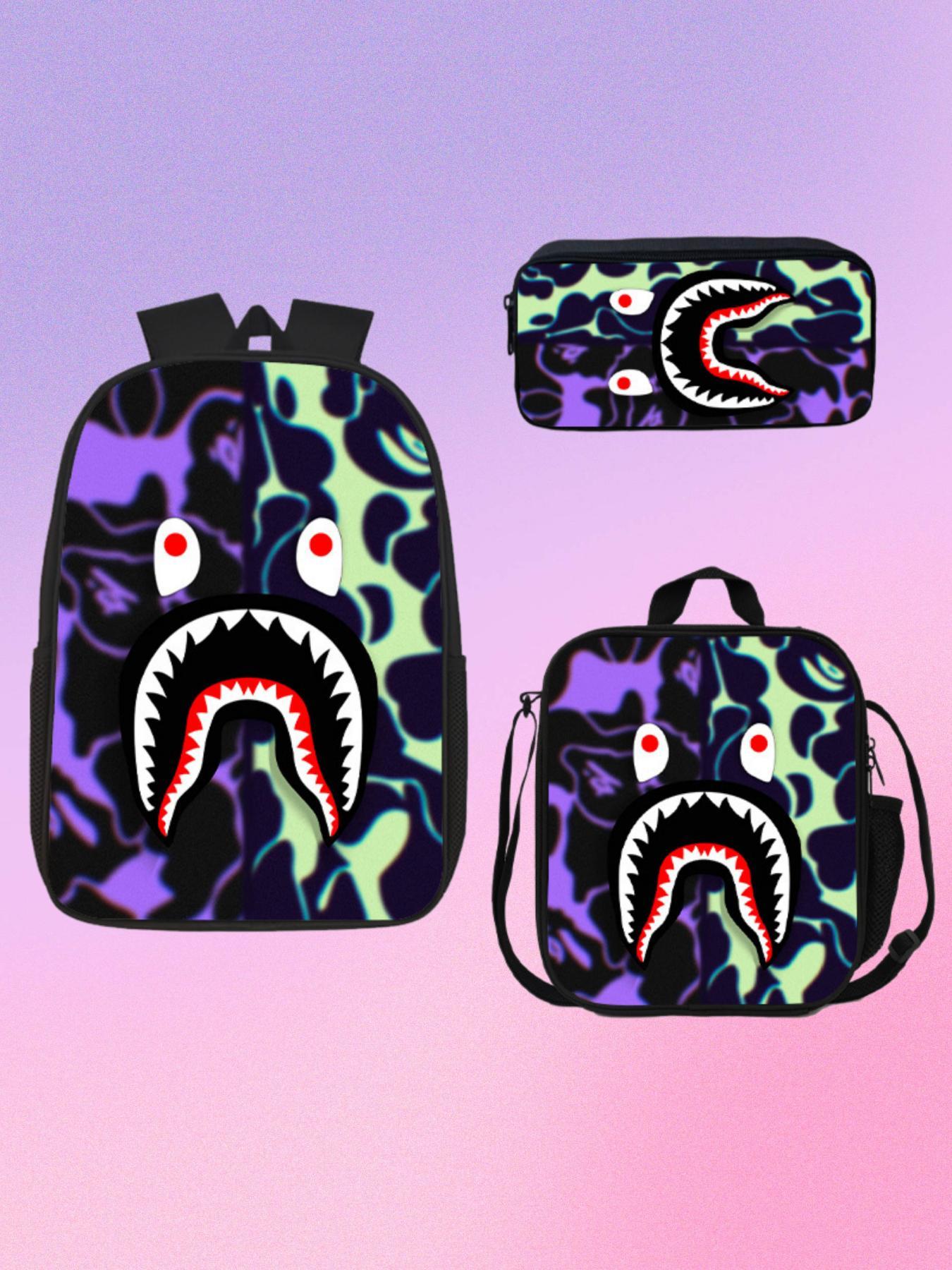 Trendy Camo Shark Print Backpack 3 Piece Set, Includes School Bag, Insulated Lunch Box, Pencil Pouch, Durable Travel Bag for Kids and Teens