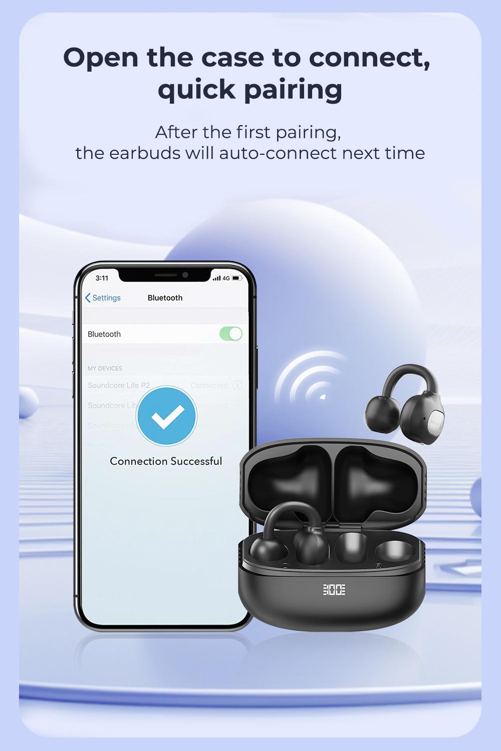 ERAZER XF50 AI Translation Earphones, Hi Fi Sound Quality, 134 Language Translations, Ultra Light Wear, IPX5 Anti Sweat, Waterproof, Stable and Durable Clip on Earphone Strap APP Suitable for Travel and Learning