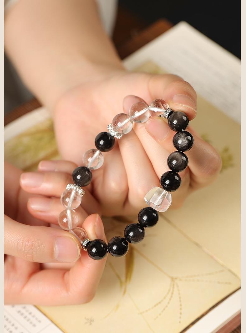 [Tai Chi Balance] crystal bracelet, white crystal silver obsidian, unisex, daily wear gift, 10mm beads natural stone, yin yang balance peace symbol