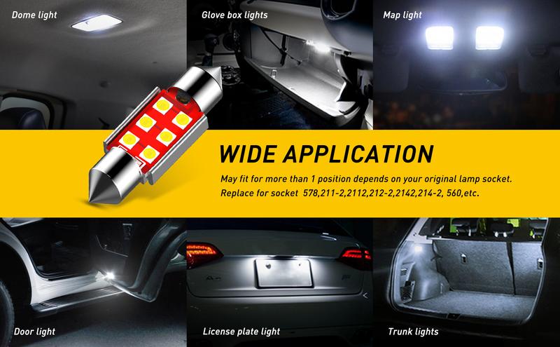AUXITO 578 LED Bulb 41mm 42mm 212-2 211-2 578 Festoon LED Bulbs CANBUS Error Free 6-SMD 3030 Chipsets 6000K Xenon White Replacement for Car Interior Map Dome Courtesy License Plate Lights (Pack of 4)