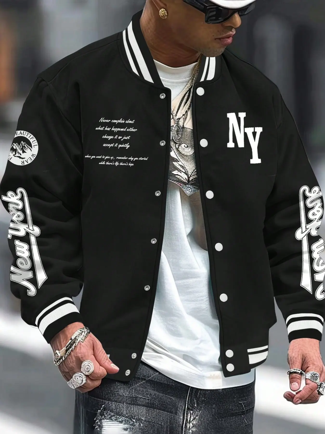 Men's NY Letter Print Varsity Jacket, Striped Rib Collar Baseball Jacket, Multi Graphic Snap Button Streetwear Bomber Coat, Loose Fit Casual Outerwear for Fall Winter