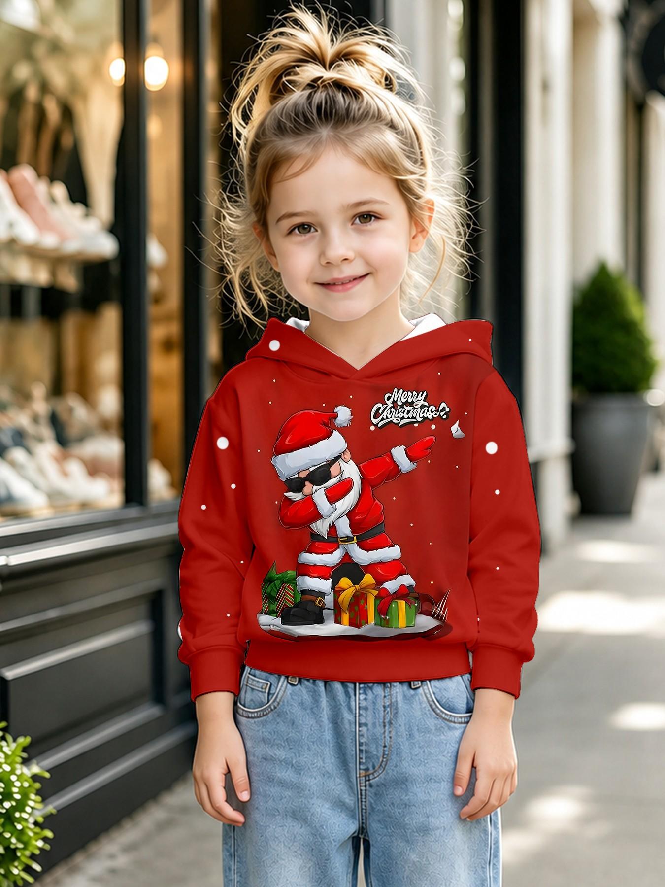 Christmas Santa Hat Hoodie for Boys, Long Sleeve Loose-Fit Casual Top, All over Print, Fall & Winter Festival