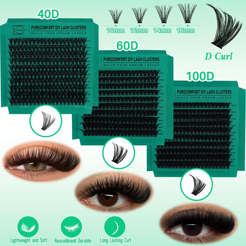 Mixed Length & Styles Individual Lashes Clusters DIY Lash Extensions Kit, 16pcs/set D Curl Cluster Eyelashes & Bond & Seal Lash Glue & Lash Remover & Lash Brush & Tweezers, Makeup Products