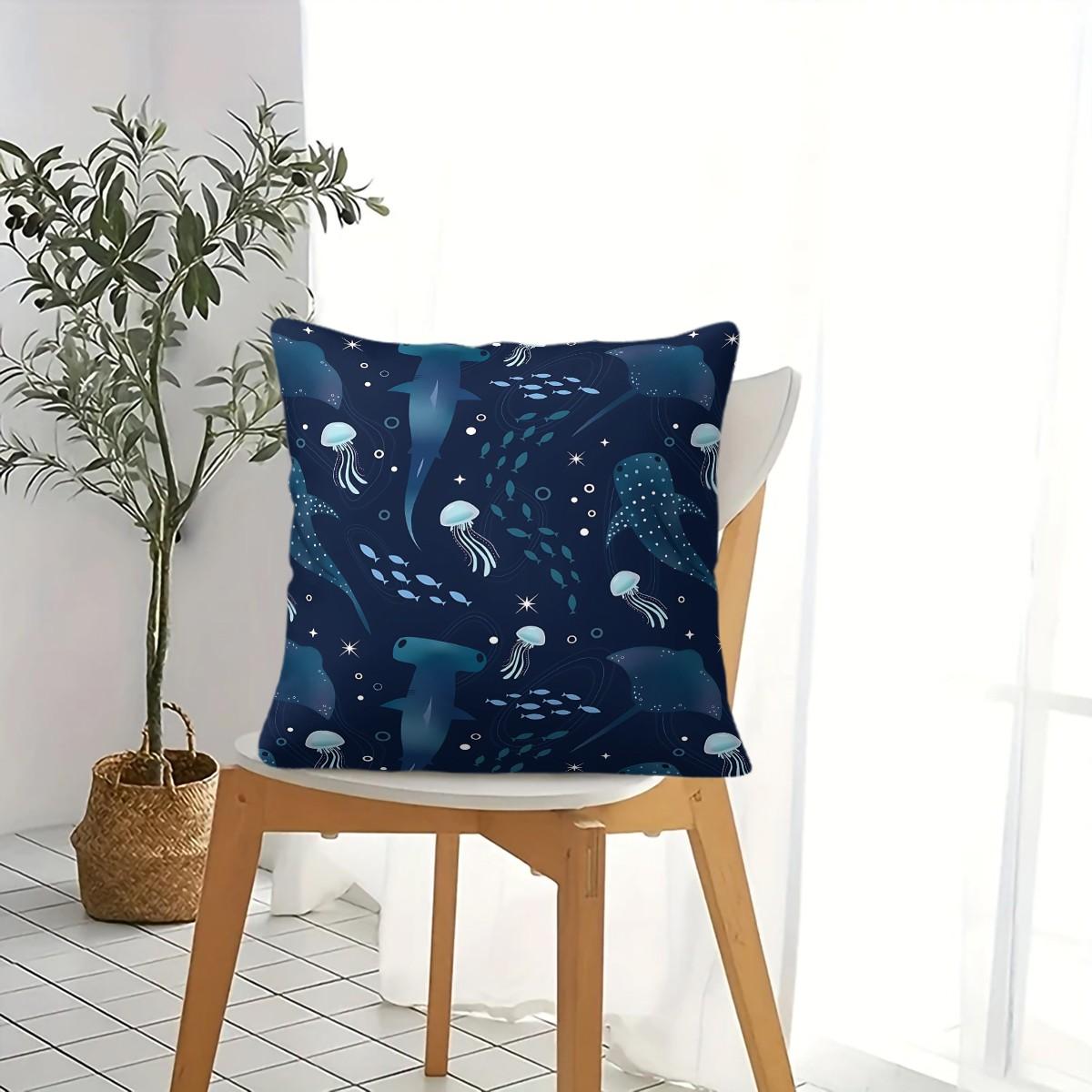 Deep-Sea Creature Patterned Throw Pillows, a Lively Hammerhead Shark and Jellyfish, 45cm Square and Include a Pillow Insert. Perfect Choice for Ocean-Themed Decor, Offering Soft Comfort and an Ideal Addition to Sofas and Bedrooms.