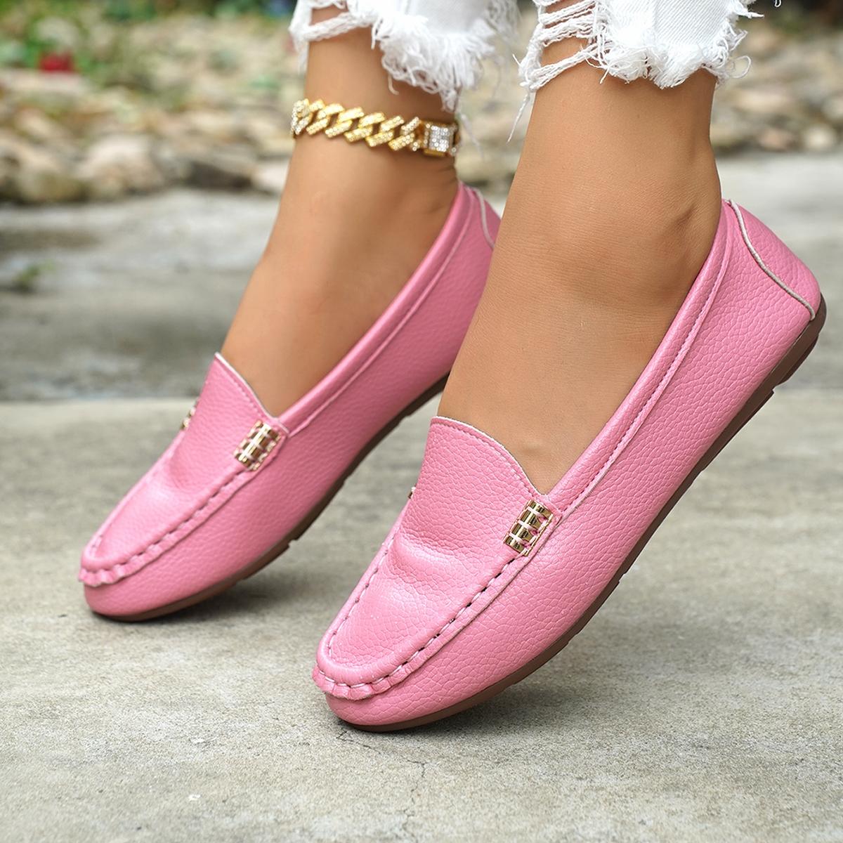 Women's Classic Plain Low Heel Shoes, Fashionable and Sexy, High-End Slant Metal Chain Decoration, Comfortable Casual Loafers, Slip On Shoes