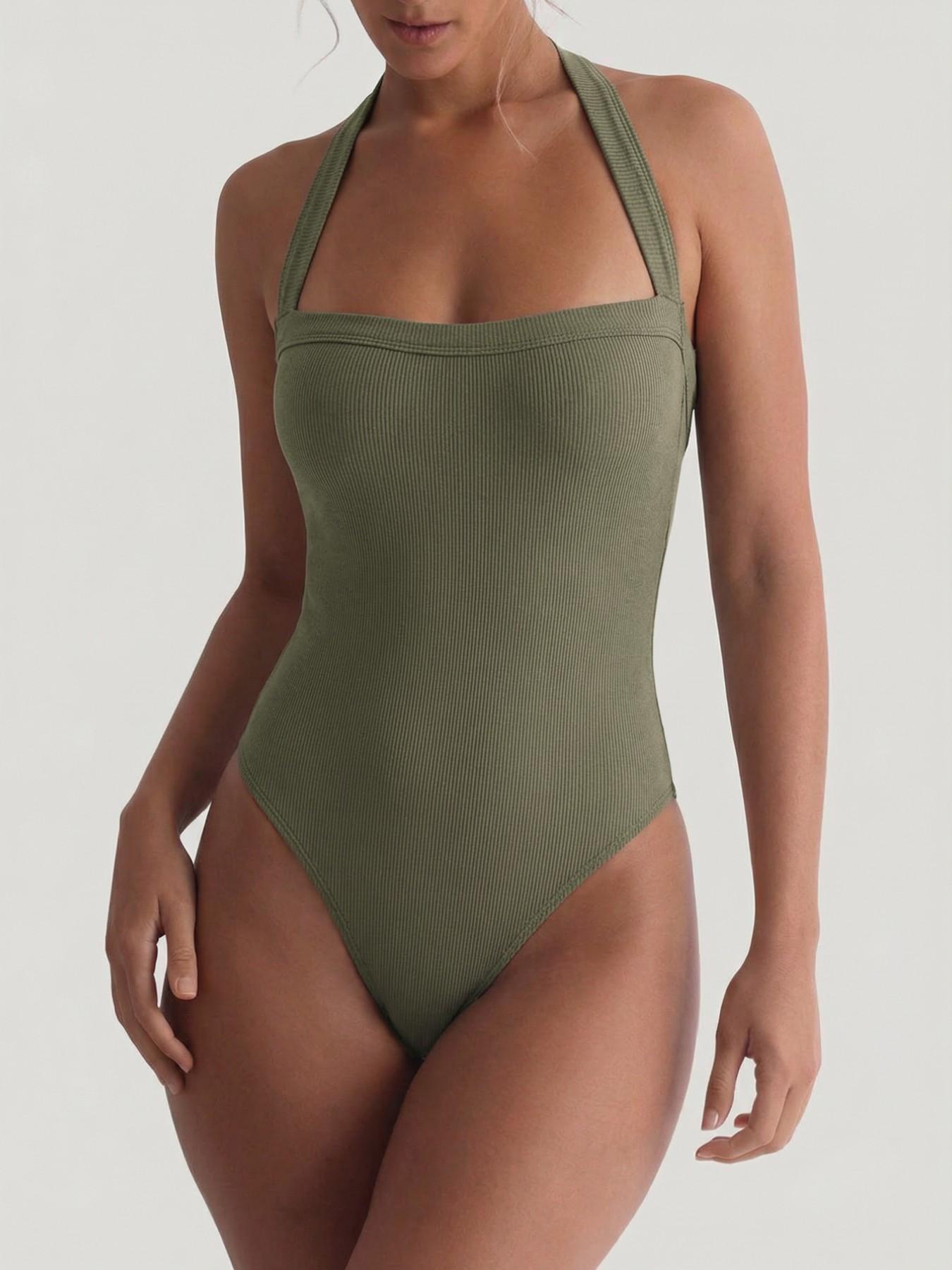 Basic Solid Color Ribbed Halter One-Piece Bodysuit, Cross Back High Cut Design, Summer Versatile Underwear, Women's Casual Wear