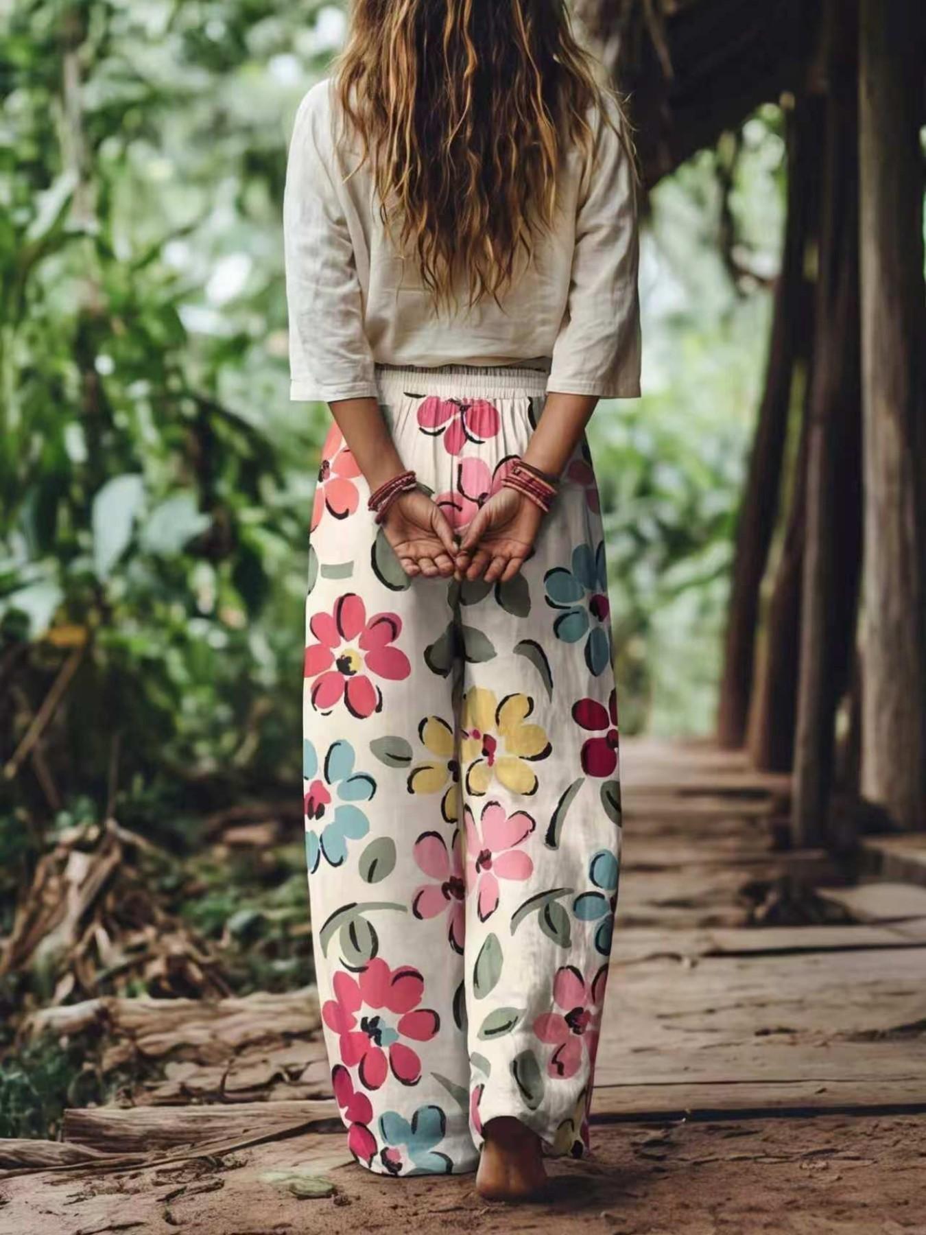 Women's Casual Bohemian Style Boho Floral Print Wide-Leg Loose Baggy Pants, Comfortable & Breathable Elastic Fabric, Ideal for Vacation, Home and Daily Wear, Suitable for Spring, Summer and Fall