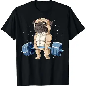 Men's Natural Cotton Casual Shortsleeve T-Shirt - Soft Round Neck Menswear Top with Funny Pug Weightlifting Deadlift Hall Graphic, for Sports Gym Fitness